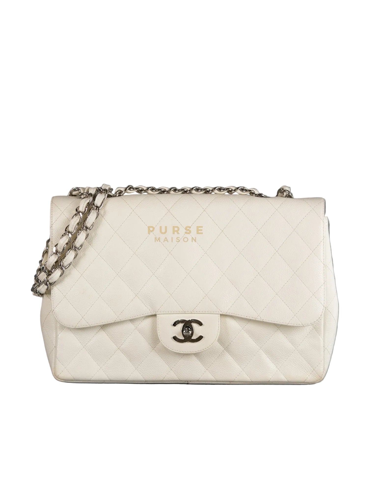 Classic Single Flap Jumbo in White Caviar Leather & Silver Hardware Series 10 | Purse Maison Luxury Bags Shop
