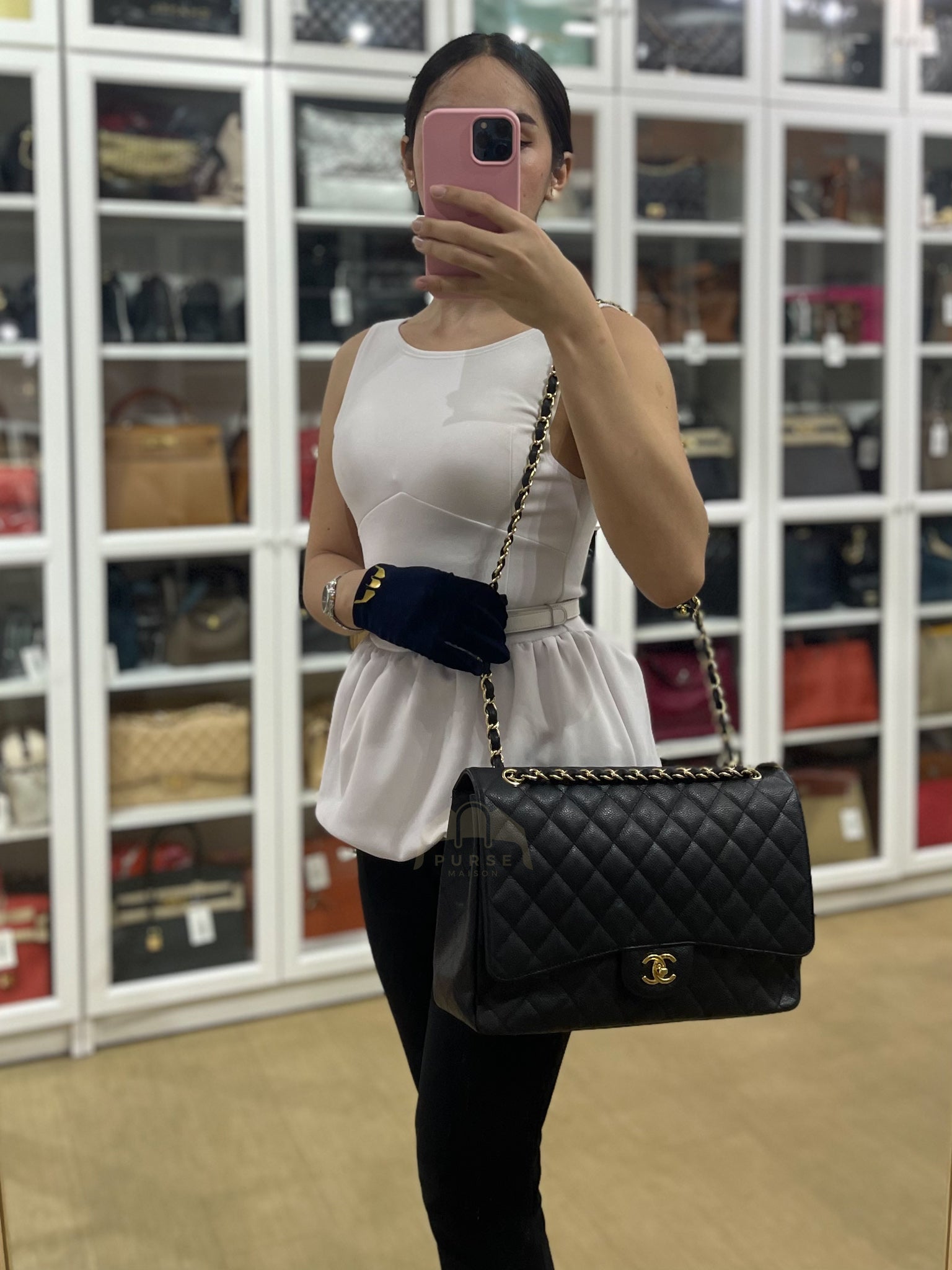 Classic Single Flap Maxi in Black Caviar Leather Gold Hardware (Series 13) | Purse Maison Luxury Bags Shop