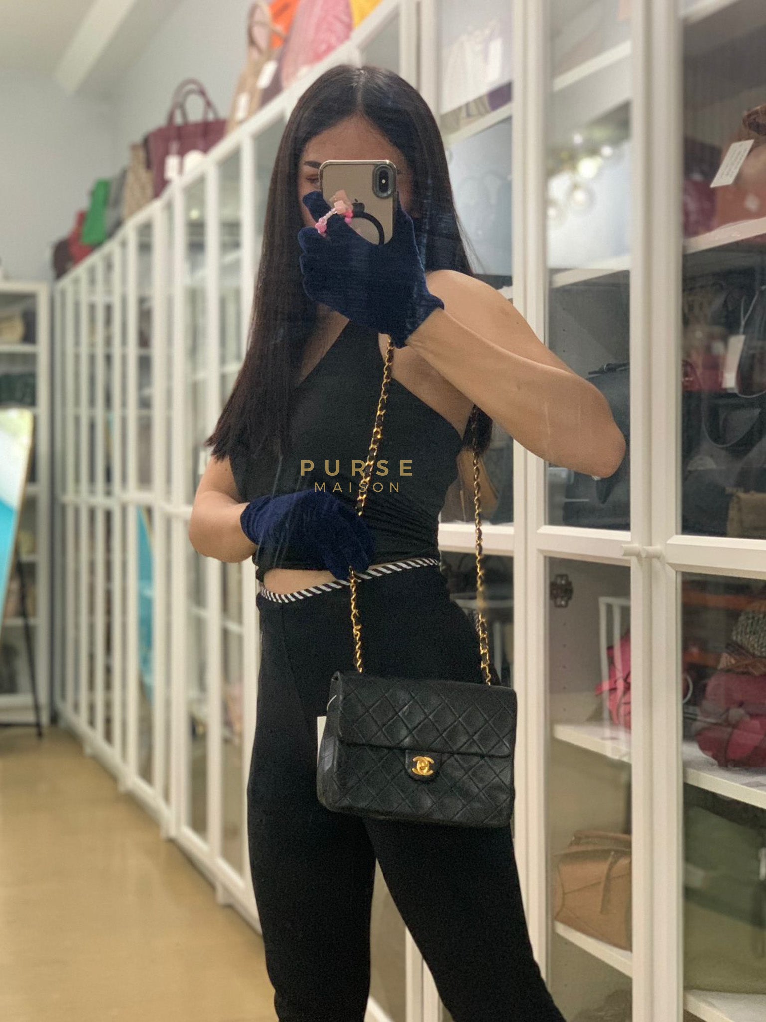 Classic Square Flap Bag in Black Quilted Lambskin Leather and 24k Gold Hardware Series 1 | Purse Maison Luxury Bags Shop