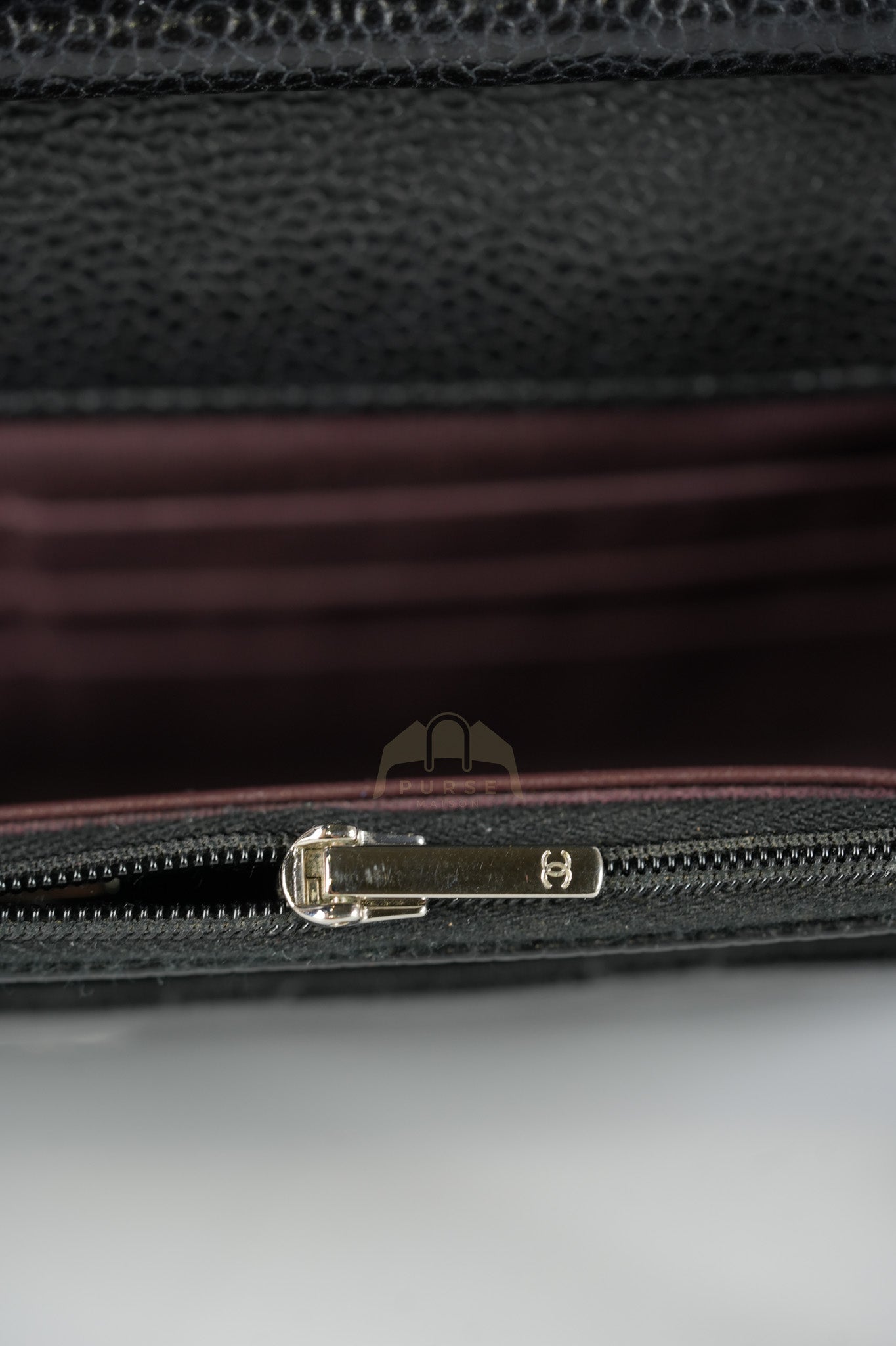 Classic Wallet on Chain in Black Caviar Leather and Silver Hardware (Microchip) | Purse Maison Luxury Bags Shop