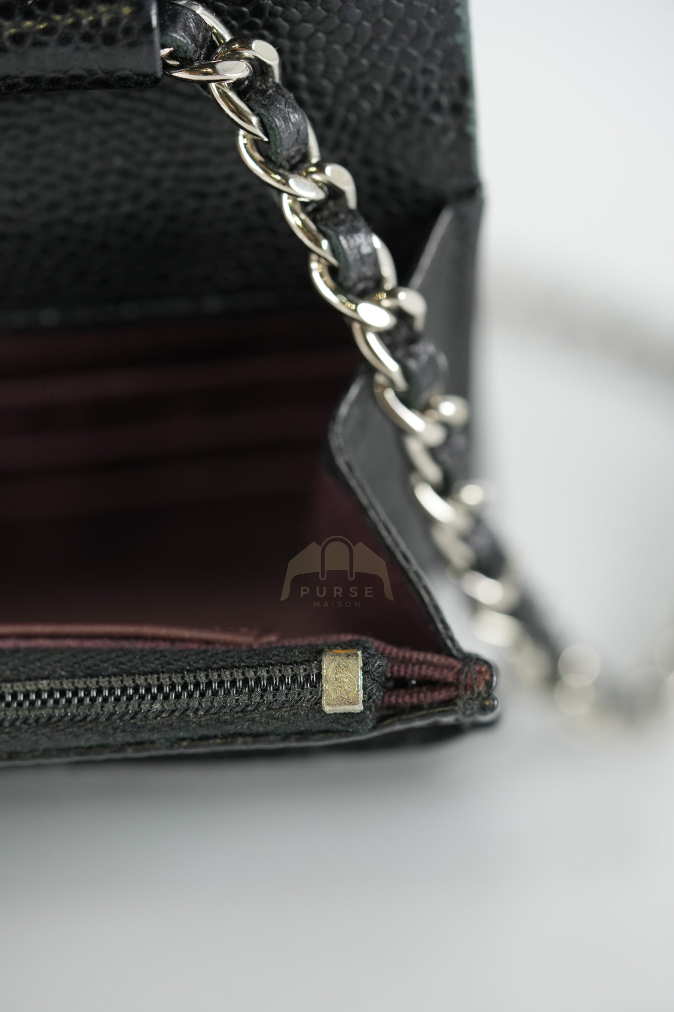 Classic Wallet on Chain in Black Caviar Leather and Silver Hardware (Microchip) | Purse Maison Luxury Bags Shop