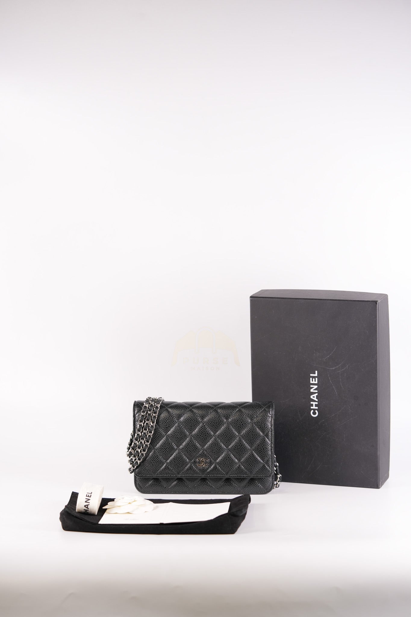 Classic Wallet on Chain in Black Caviar Leather and Silver Hardware (Microchip) | Purse Maison Luxury Bags Shop