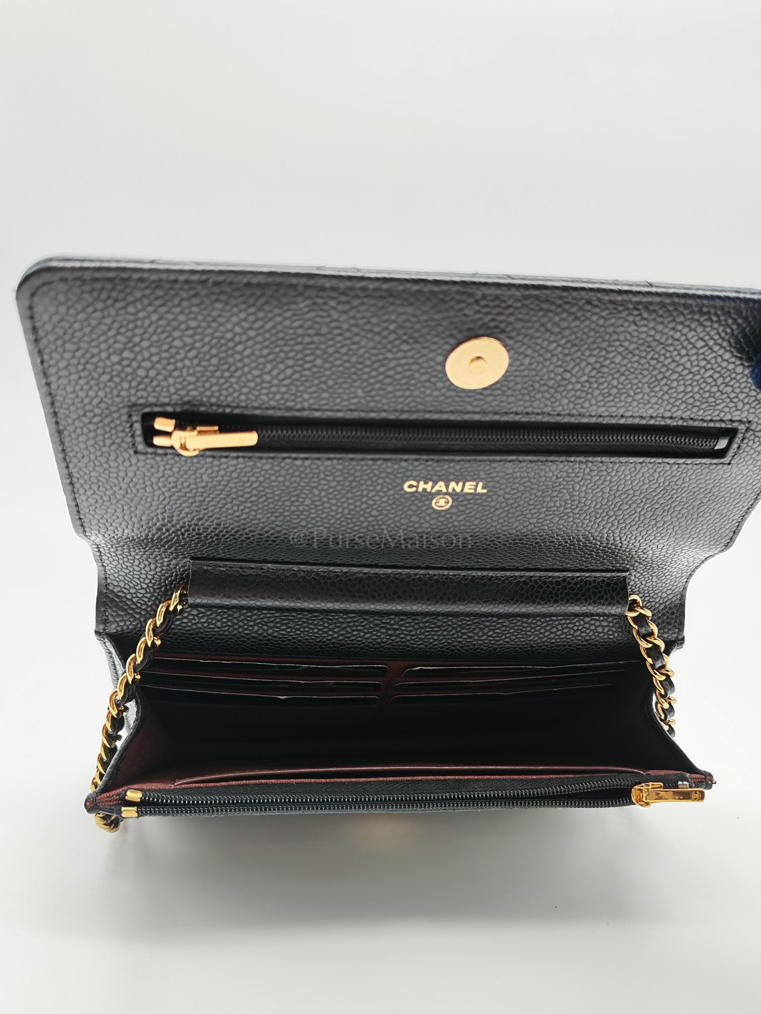 Classic Wallet on Chain in Black Caviar Leather Gold Hardware (Microchip) | Purse Maison Luxury Bags Shop