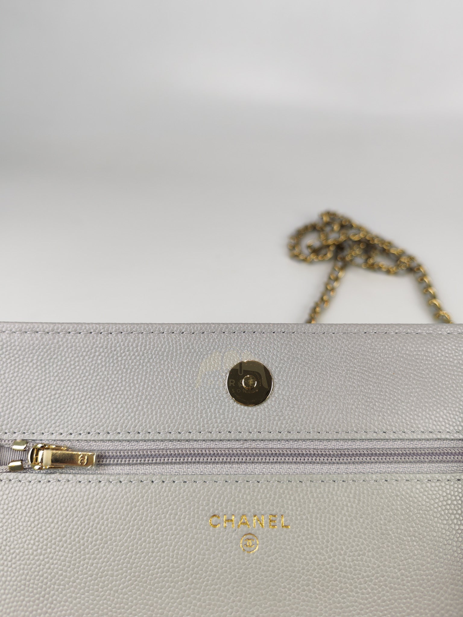 Classic Wallet On Chain in Light Gray Caviar Leather & Light Gold Hardware (Microchip) | Purse Maison Luxury Bags Shop