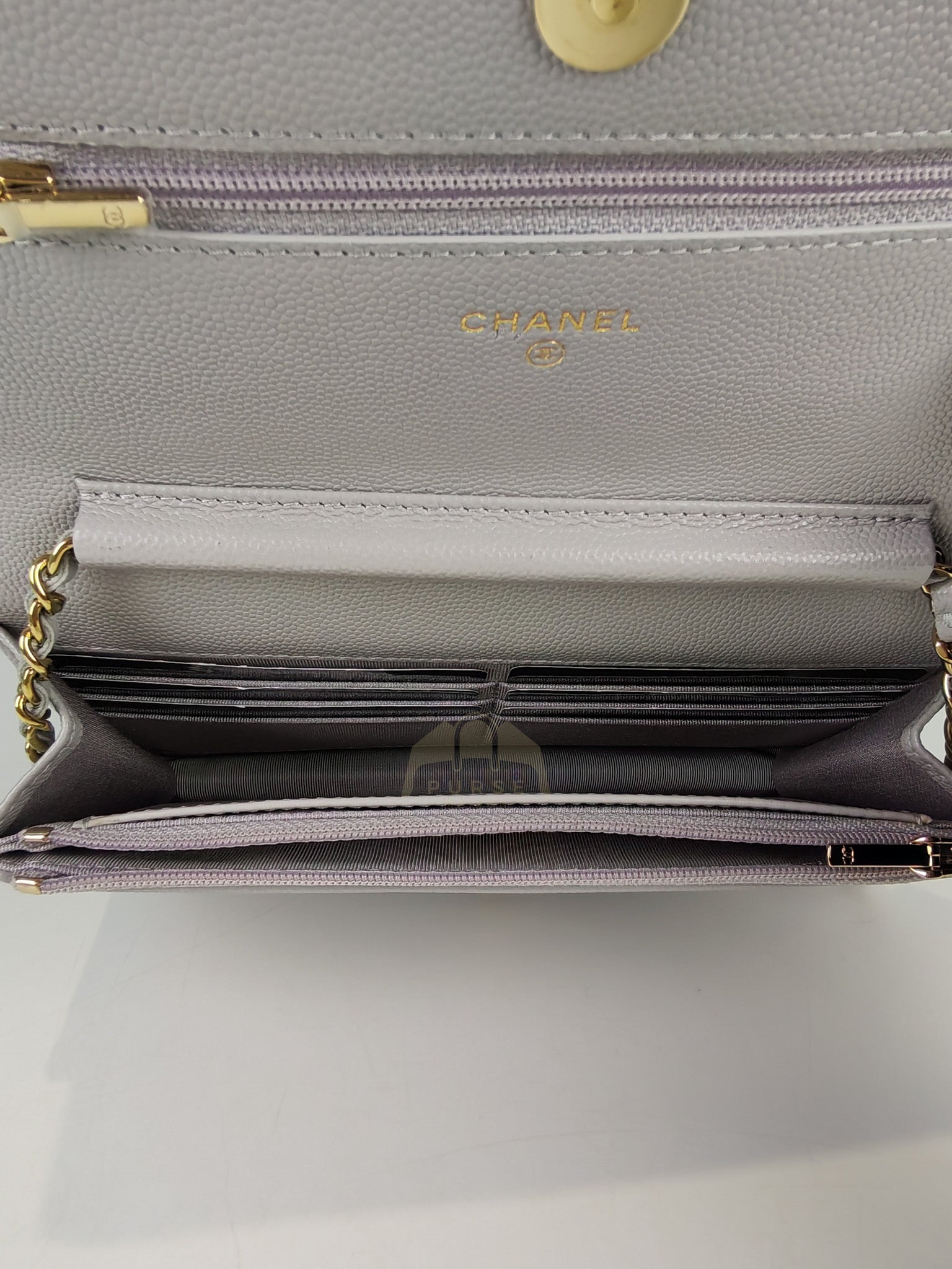 Classic Wallet On Chain in Light Gray Caviar Leather & Light Gold Hardware (Microchip) | Purse Maison Luxury Bags Shop