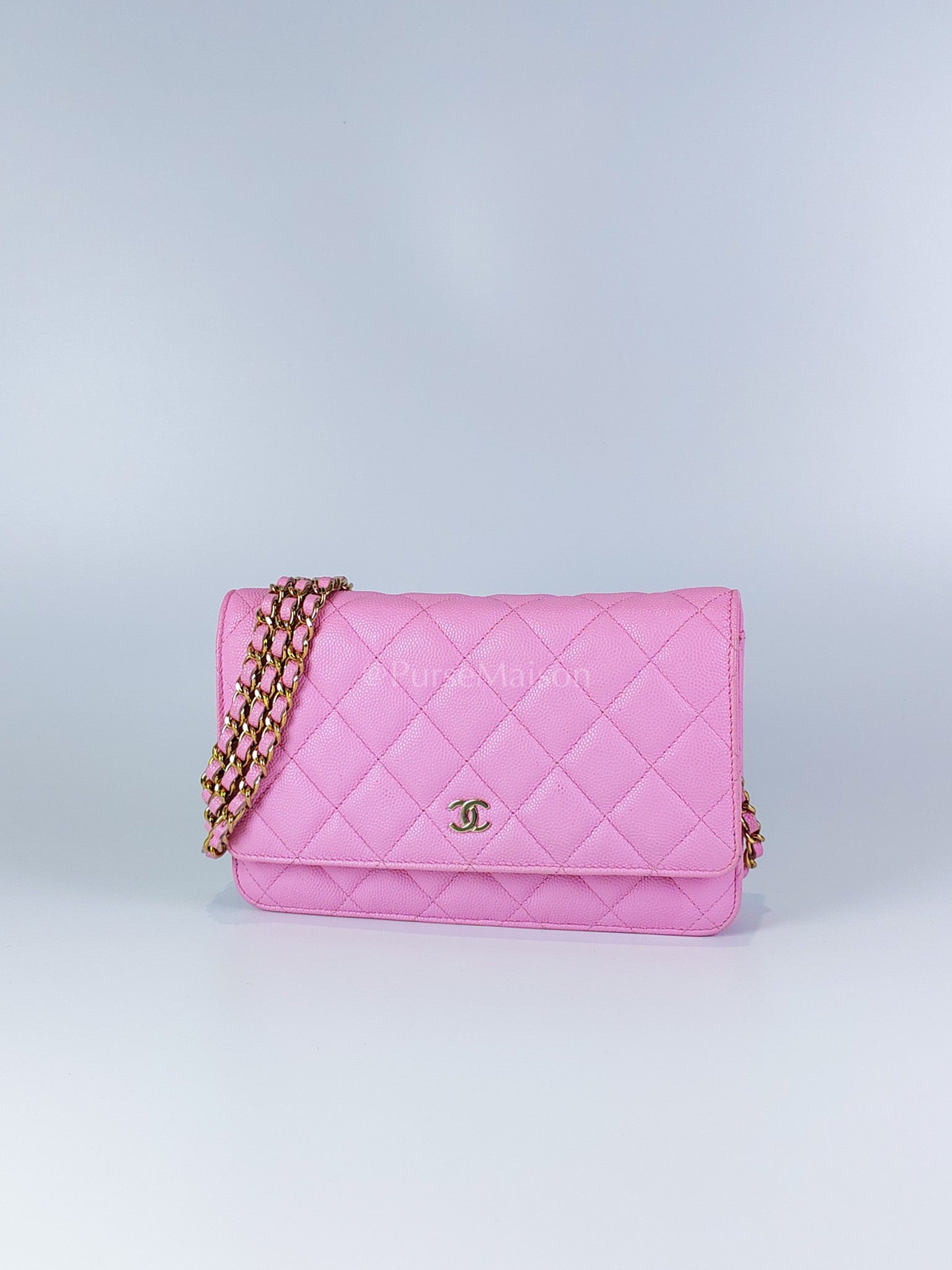 Classic Wallet On Chain in Pink Caviar Leather Gold Hardware (Microchip) | Purse Maison Luxury Bags Shop