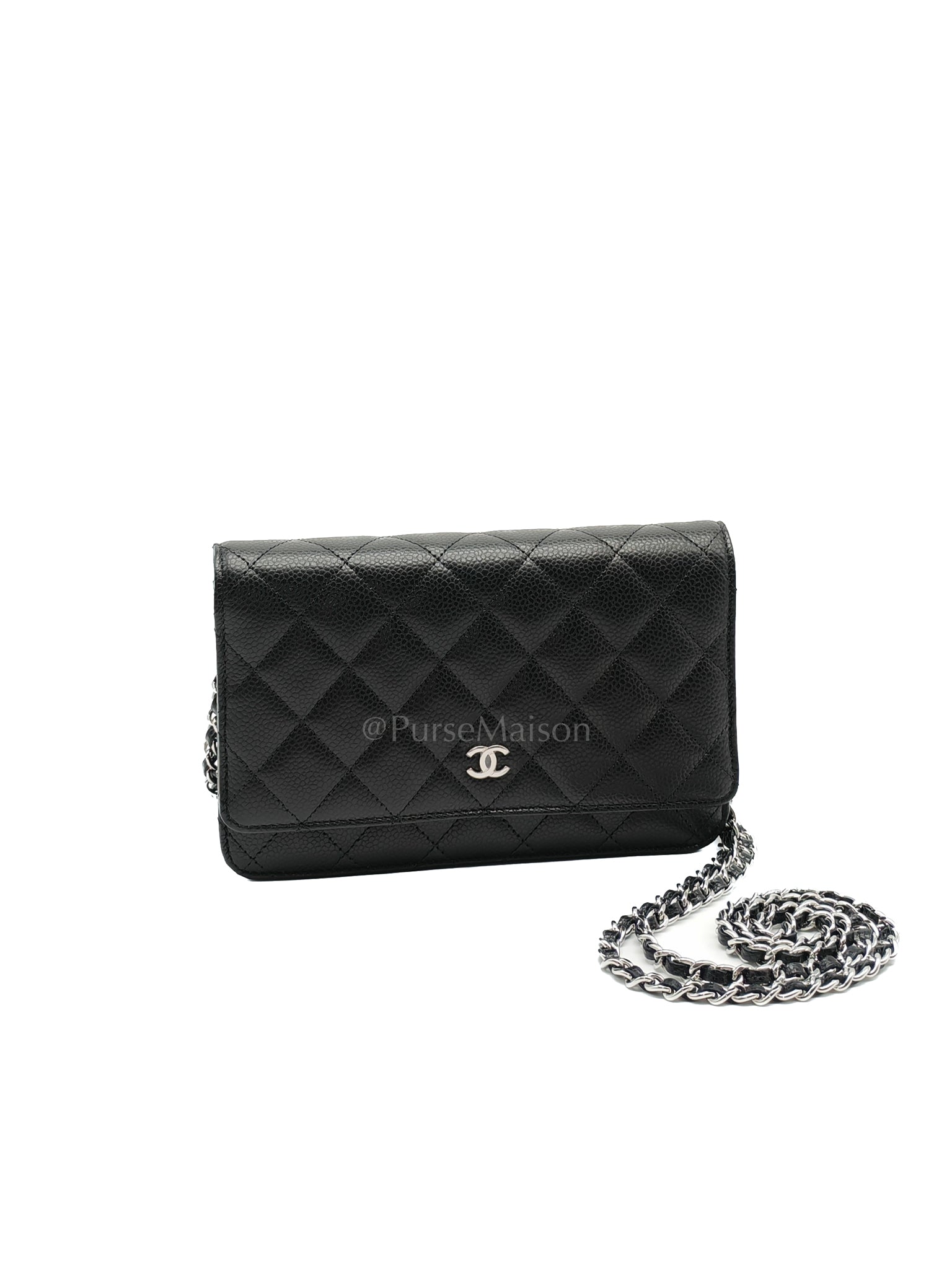 Classic Wallet on Chain(WOC) Black Caviar Leather in Silver Hardware (Microchip) | Purse Maison Luxury Bags Shop