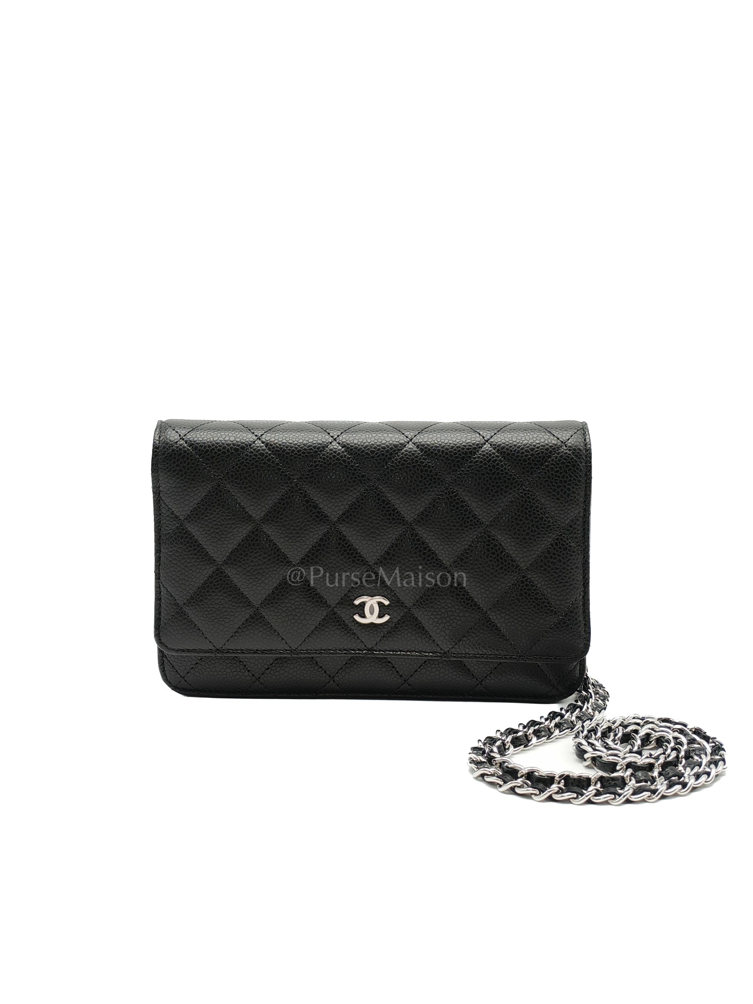 Classic Wallet on Chain(WOC) Black Caviar Leather in Silver Hardware (Microchip) | Purse Maison Luxury Bags Shop
