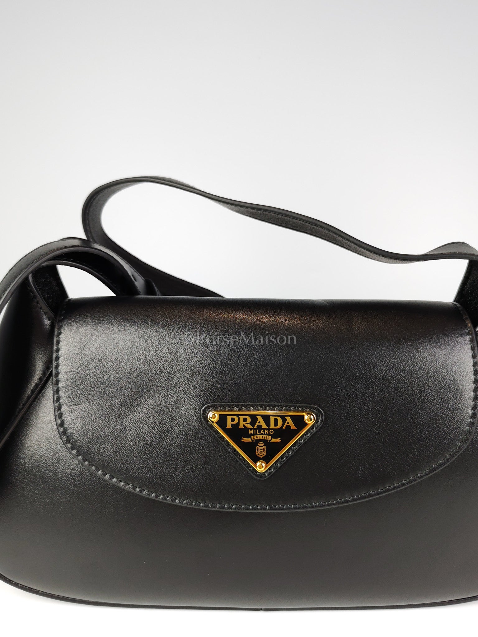 Cleo Logo Plaque Shoulder Bag in Nero/black Calfskin Leather Gold Hardware | Purse Maison Luxury Bags Shop