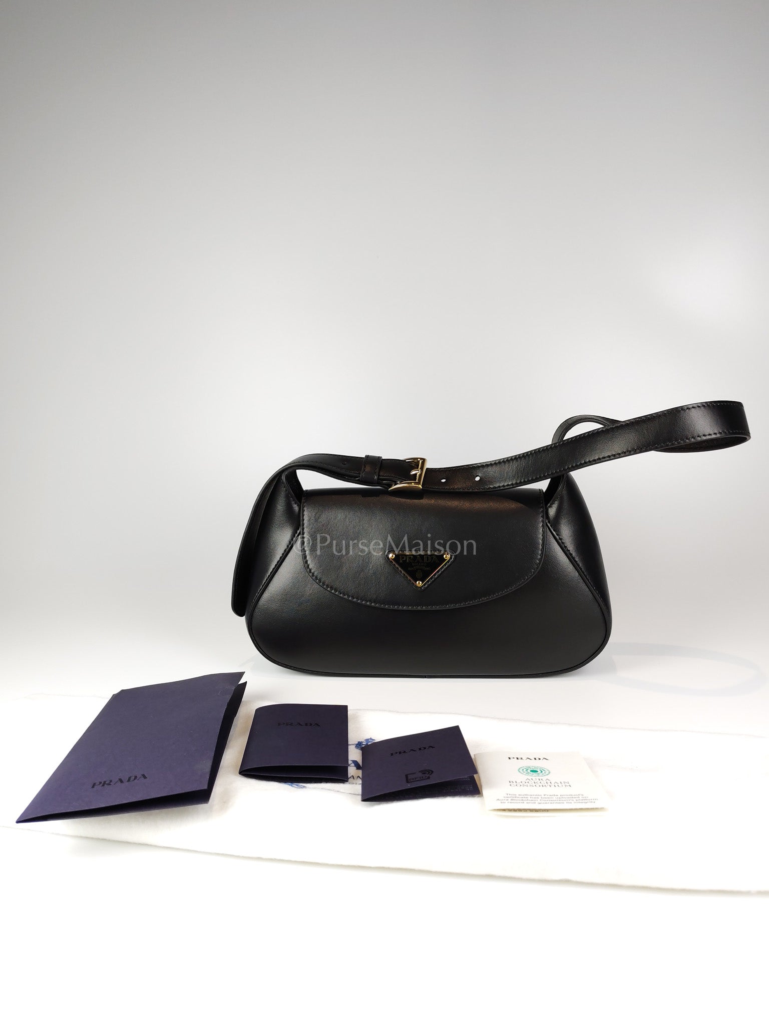 Cleo Logo Plaque Shoulder Bag in Nero/black Calfskin Leather Gold Hardware | Purse Maison Luxury Bags Shop