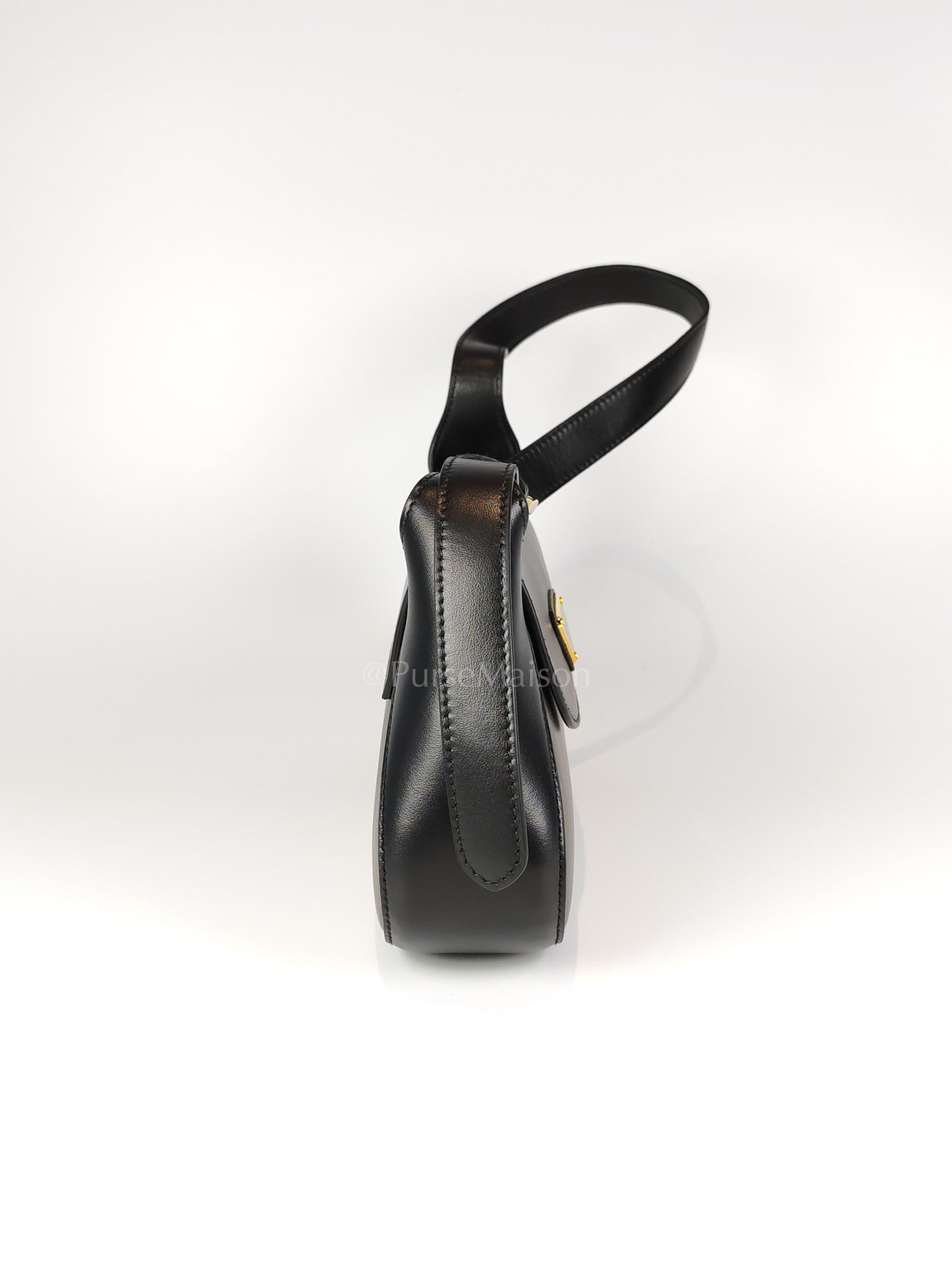 Cleo Logo Plaque Shoulder Bag in Nero/black Calfskin Leather Gold Hardware | Purse Maison Luxury Bags Shop