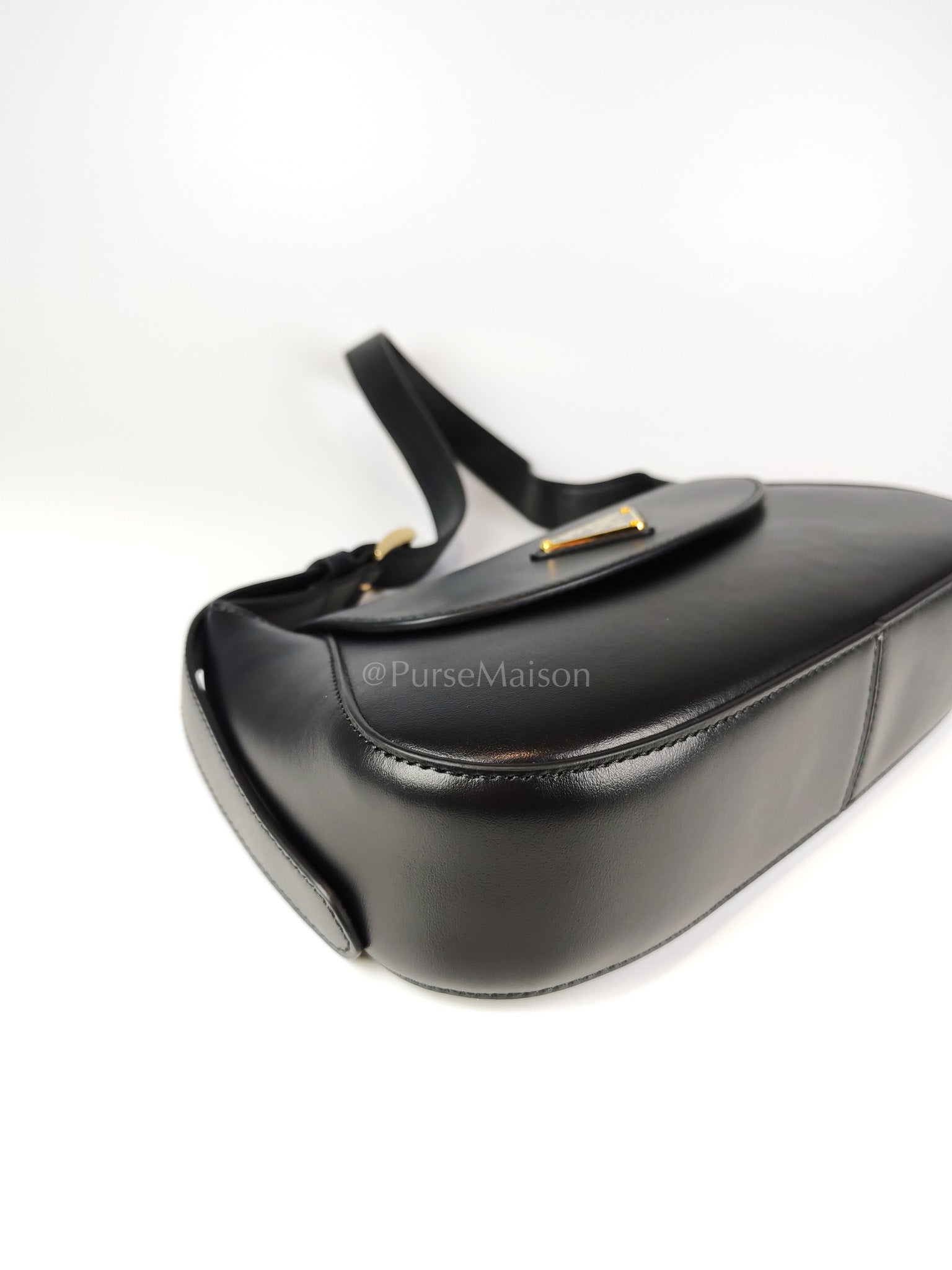 Cleo Logo Plaque Shoulder Bag in Nero/black Calfskin Leather Gold Hardware | Purse Maison Luxury Bags Shop