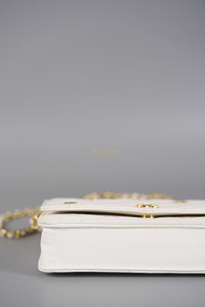 Coco Casino Wallet On Chain (WOC) in White Caviar Leather and Gold Hardware (Microchip) | Purse Maison Luxury Bags Shop
