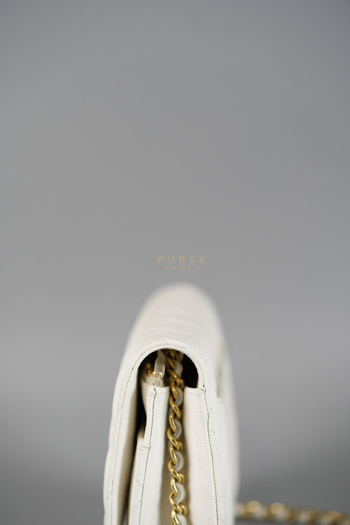 Coco Casino Wallet On Chain (WOC) in White Caviar Leather and Gold Hardware (Microchip) | Purse Maison Luxury Bags Shop