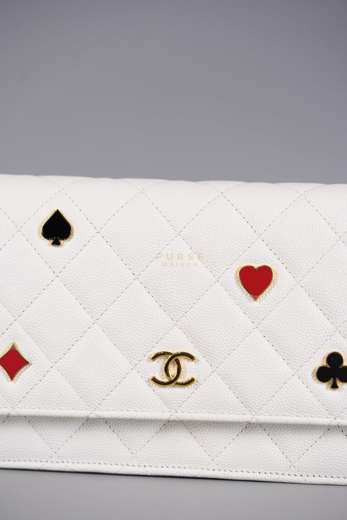Coco Casino Wallet On Chain (WOC) in White Caviar Leather and Gold Hardware (Microchip) | Purse Maison Luxury Bags Shop