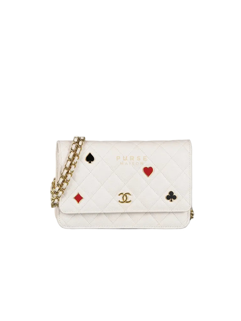 Coco Casino Wallet On Chain (WOC) in White Caviar Leather and Gold Hardware (Microchip) | Purse Maison Luxury Bags Shop