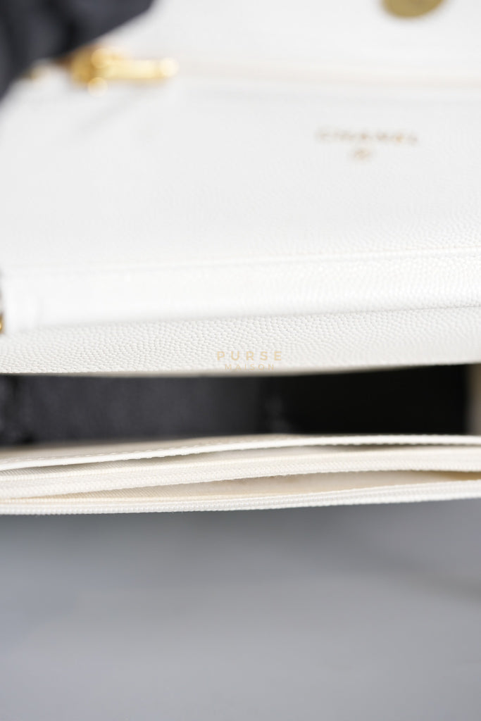 Coco Casino Wallet On Chain (WOC) in White Caviar Leather and Gold Hardware (Microchip) | Purse Maison Luxury Bags Shop