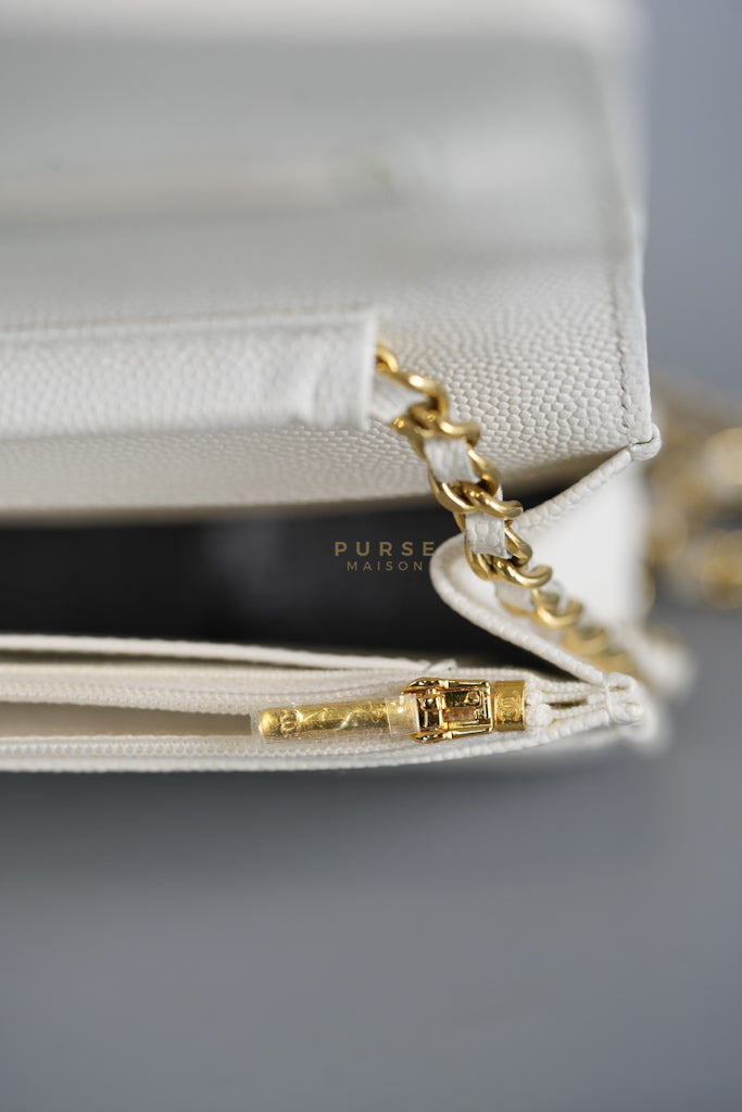 Coco Casino Wallet On Chain (WOC) in White Caviar Leather and Gold Hardware (Microchip) | Purse Maison Luxury Bags Shop