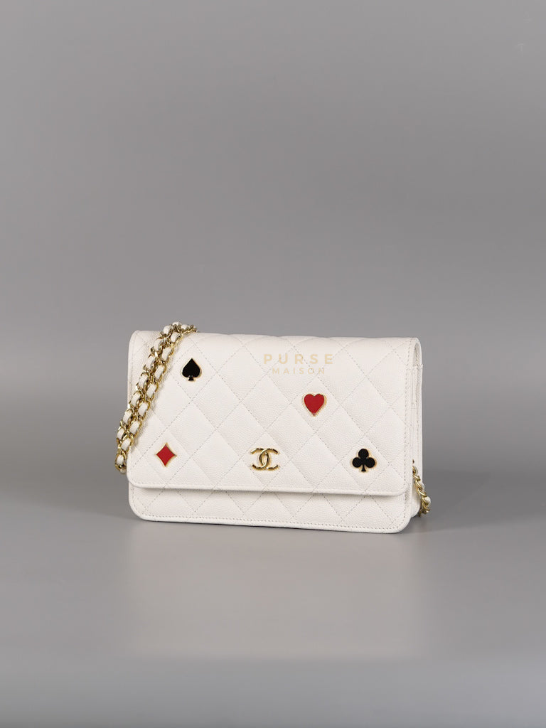 Coco Casino Wallet On Chain (WOC) in White Caviar Leather and Gold Hardware (Microchip) | Purse Maison Luxury Bags Shop