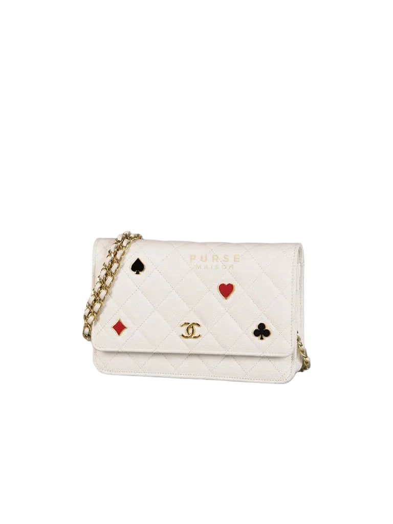 Coco Casino Wallet On Chain (WOC) in White Caviar Leather and Gold Hardware (Microchip) | Purse Maison Luxury Bags Shop