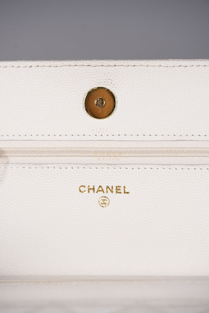 Coco Casino Wallet On Chain (WOC) in White Caviar Leather and Gold Hardware (Microchip) | Purse Maison Luxury Bags Shop