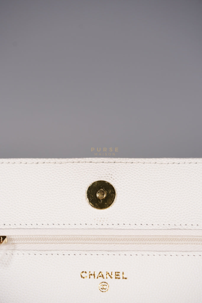Coco Casino Wallet On Chain (WOC) in White Caviar Leather and Gold Hardware (Microchip) | Purse Maison Luxury Bags Shop