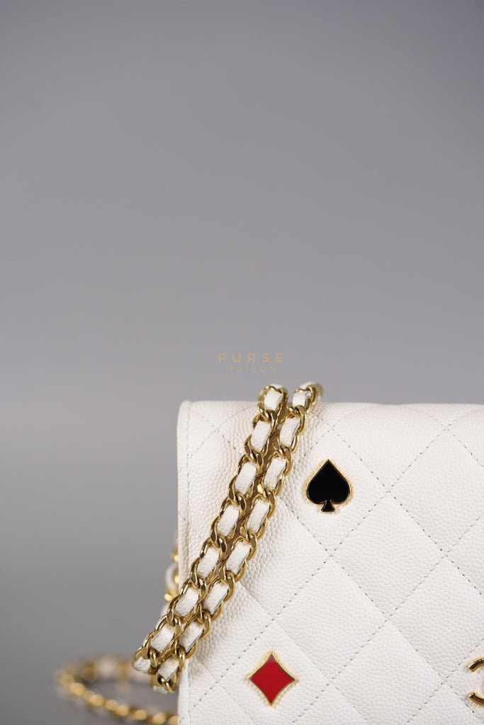 Coco Casino Wallet On Chain (WOC) in White Caviar Leather and Gold Hardware (Microchip) | Purse Maison Luxury Bags Shop