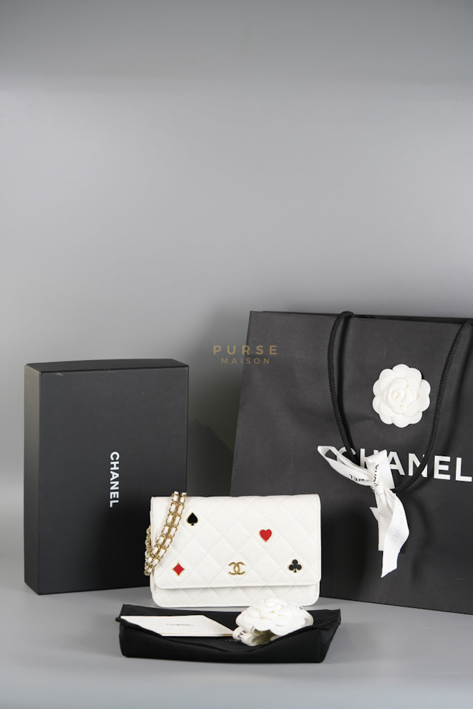 Coco Casino Wallet On Chain (WOC) in White Caviar Leather and Gold Hardware (Microchip) | Purse Maison Luxury Bags Shop