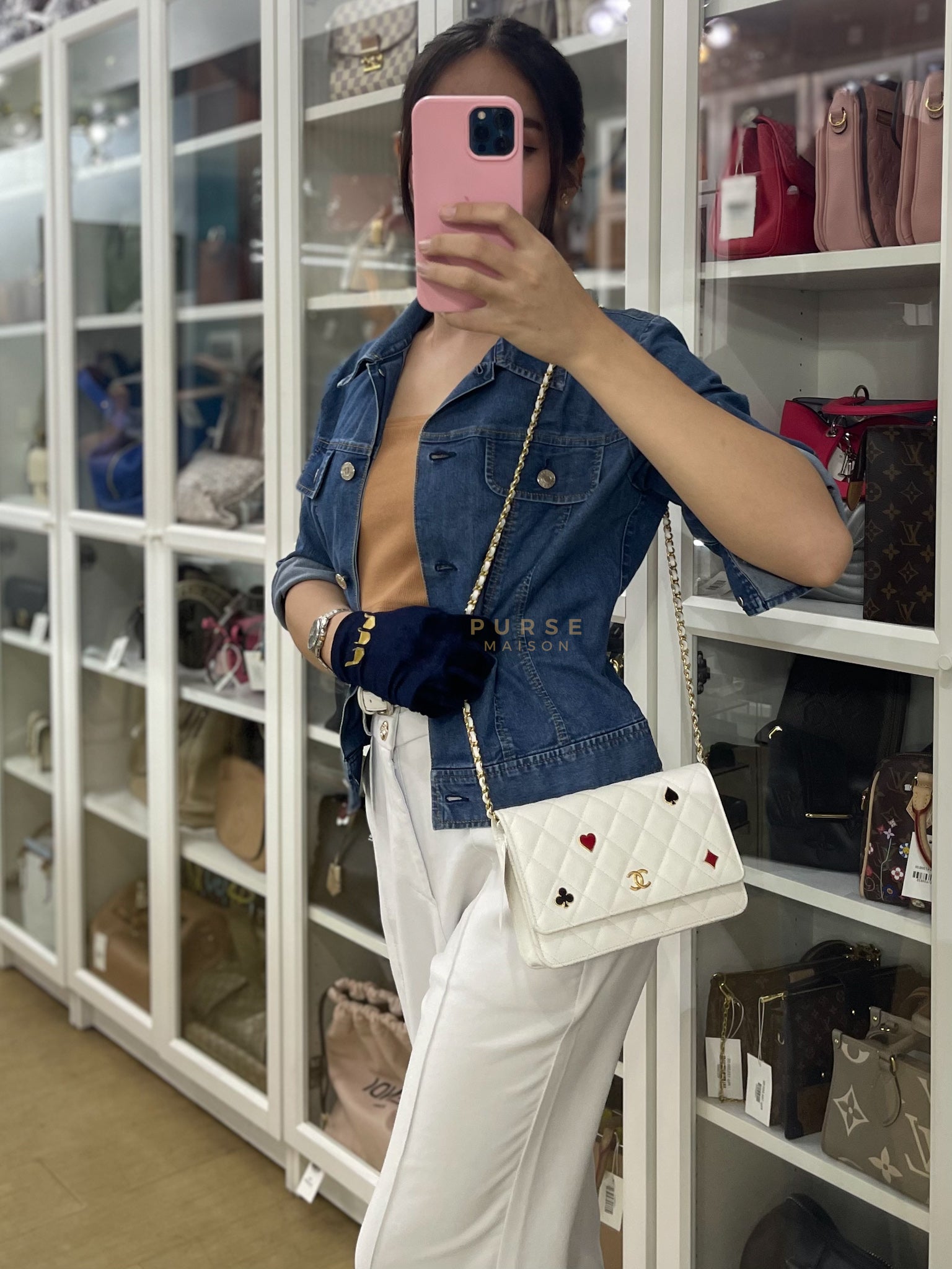 Coco Casino Wallet On Chain (WOC) in White Caviar Leather and Gold Hardware (Microchip) | Purse Maison Luxury Bags Shop