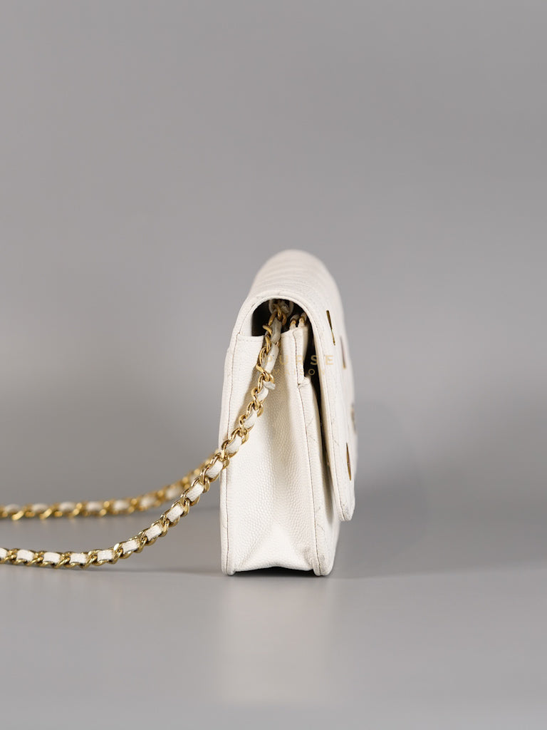Coco Casino Wallet On Chain (WOC) in White Caviar Leather and Gold Hardware (Microchip) | Purse Maison Luxury Bags Shop
