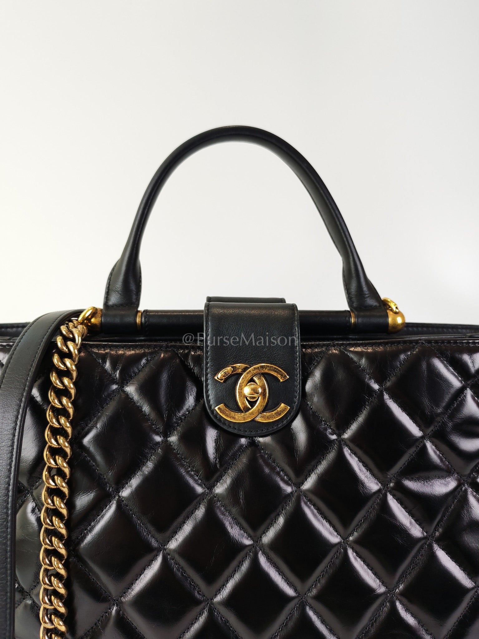 Coco Cocoon Large Tote Bag in Black Glazed Calfskin Leather and Aged Gold Hardware Series 23 | Purse Maison Luxury Bags Shop