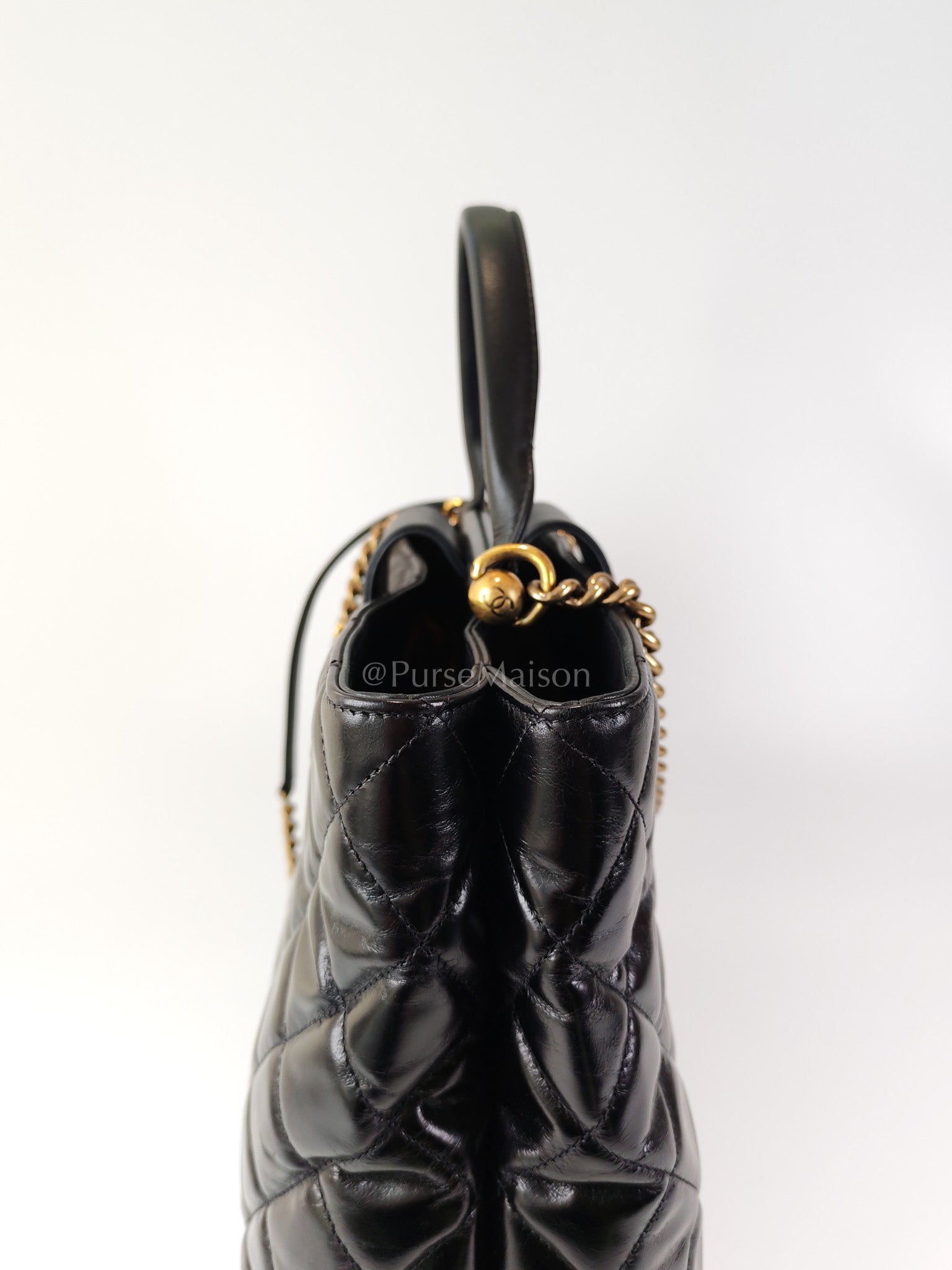 Coco Cocoon Large Tote Bag in Black Glazed Calfskin Leather and Aged Gold Hardware Series 23 | Purse Maison Luxury Bags Shop