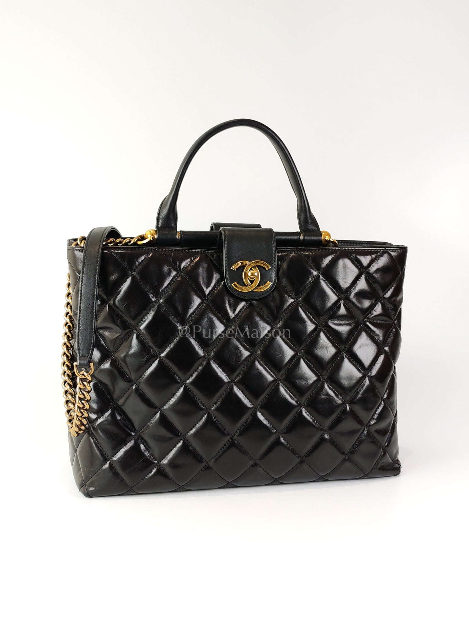 Coco Cocoon Large Tote Bag in Black Glazed Calfskin Leather and Aged Gold Hardware Series 23 | Purse Maison Luxury Bags Shop