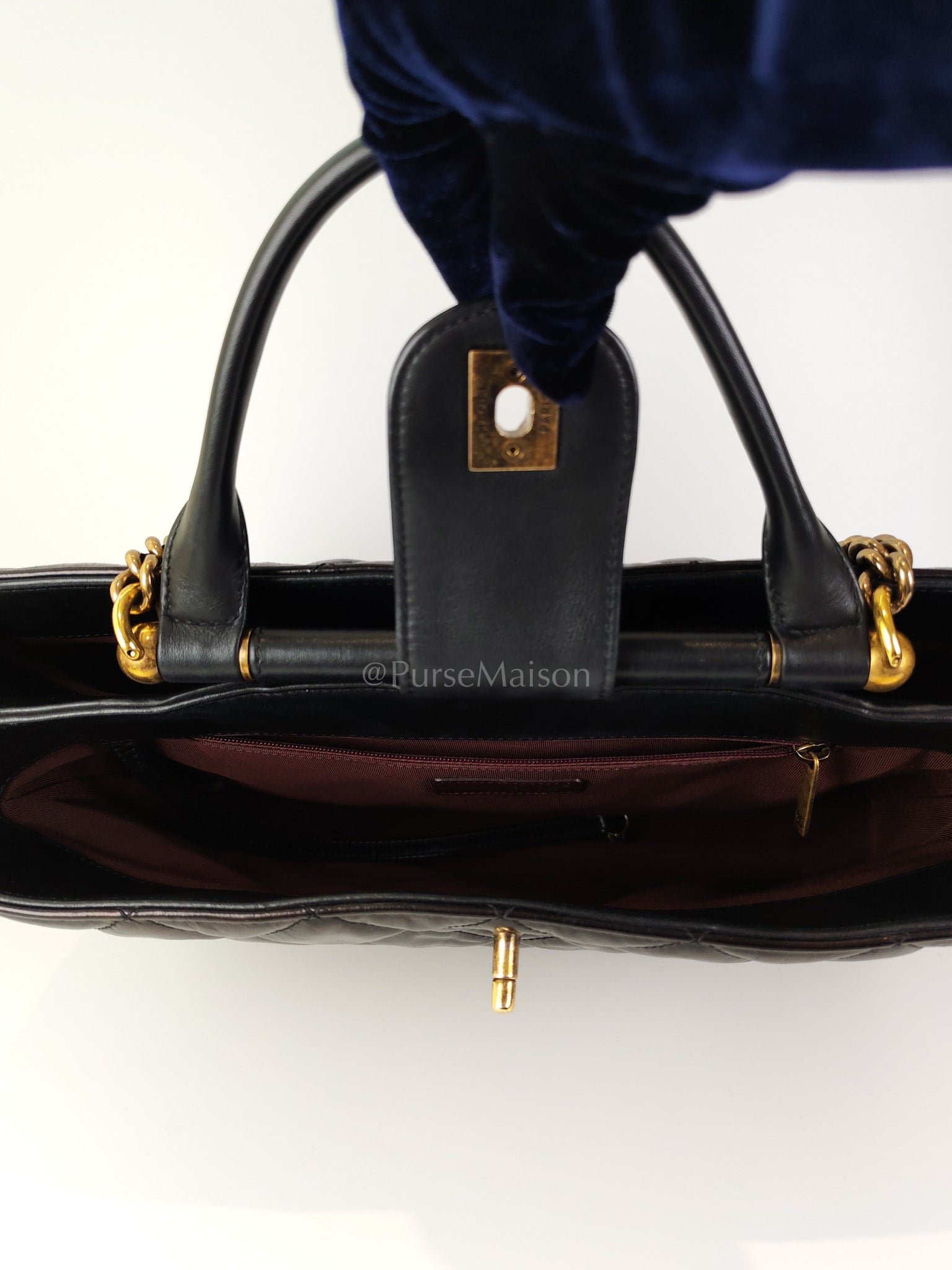 Coco Cocoon Large Tote Bag in Black Glazed Calfskin Leather and Aged Gold Hardware Series 23 | Purse Maison Luxury Bags Shop