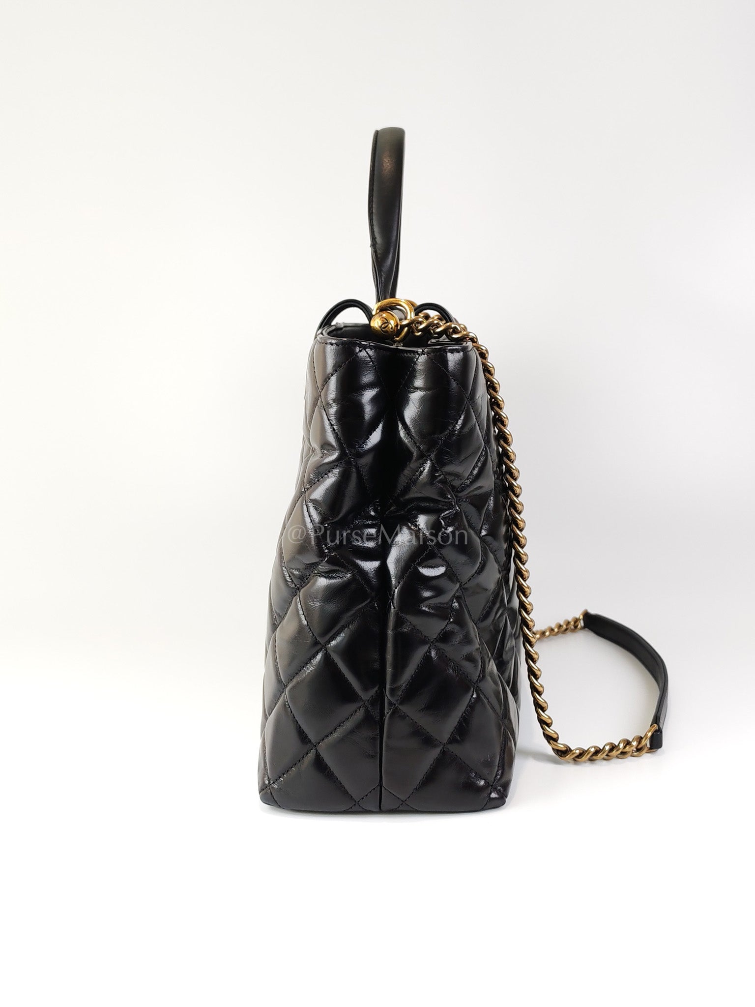 Coco Cocoon Large Tote Bag in Black Glazed Calfskin Leather and Aged Gold Hardware Series 23 | Purse Maison Luxury Bags Shop
