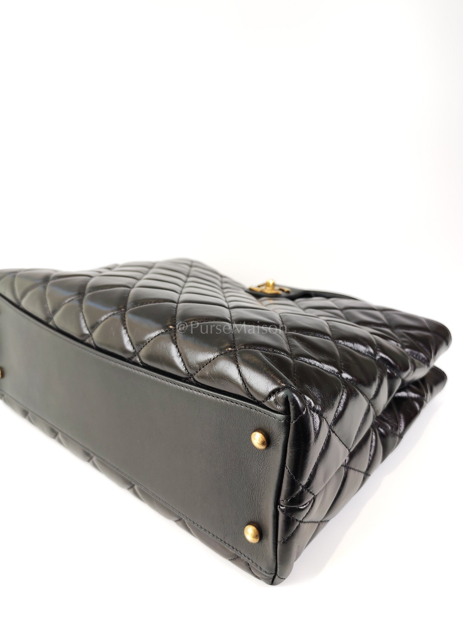 Coco Cocoon Large Tote Bag in Black Glazed Calfskin Leather and Aged Gold Hardware Series 23 | Purse Maison Luxury Bags Shop