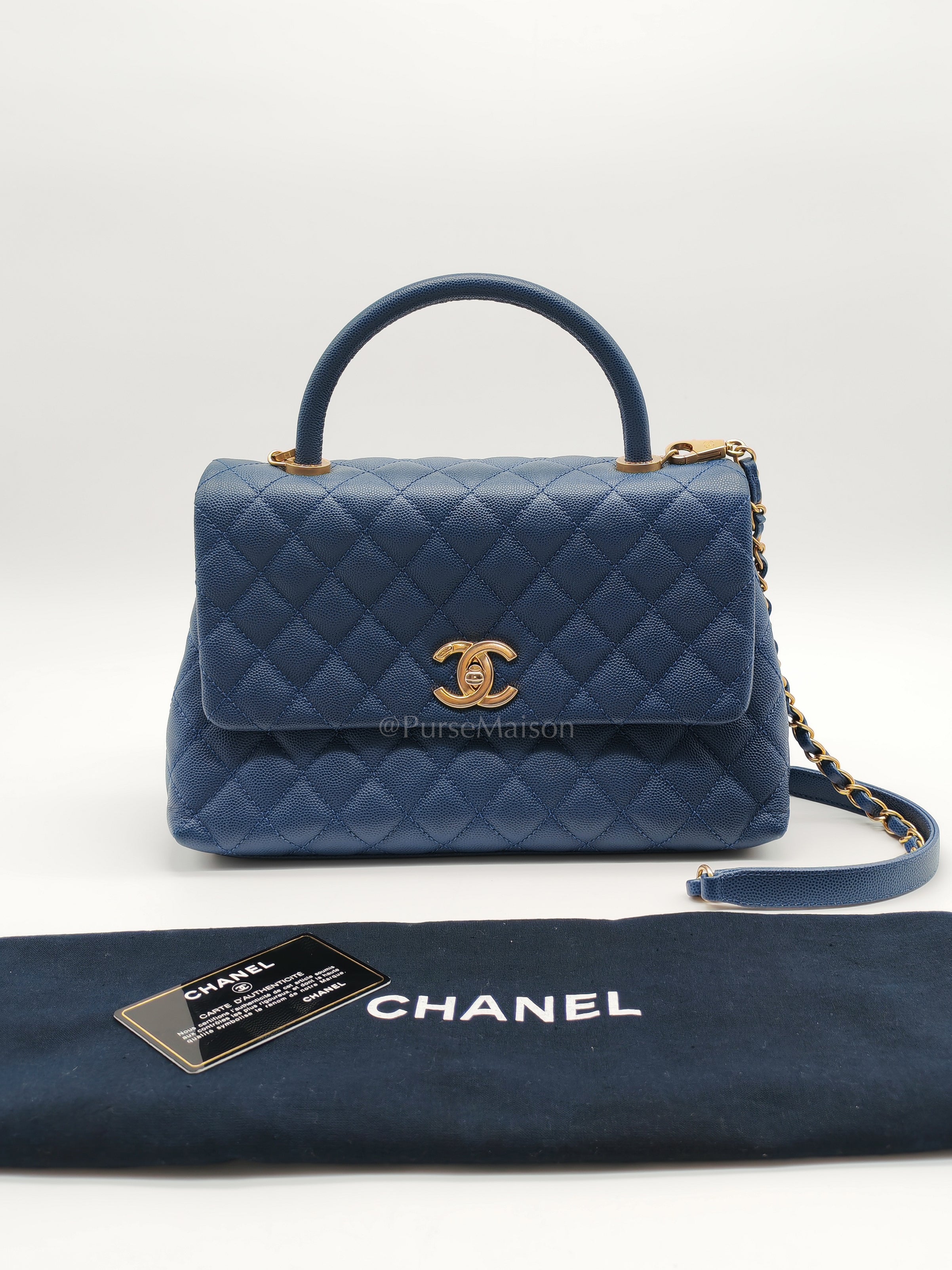 Coco Handle Medium in Blue Quilted Caviar Leather & Aged Gold Hardware Series 24 | Purse Maison Luxury Bags Shop