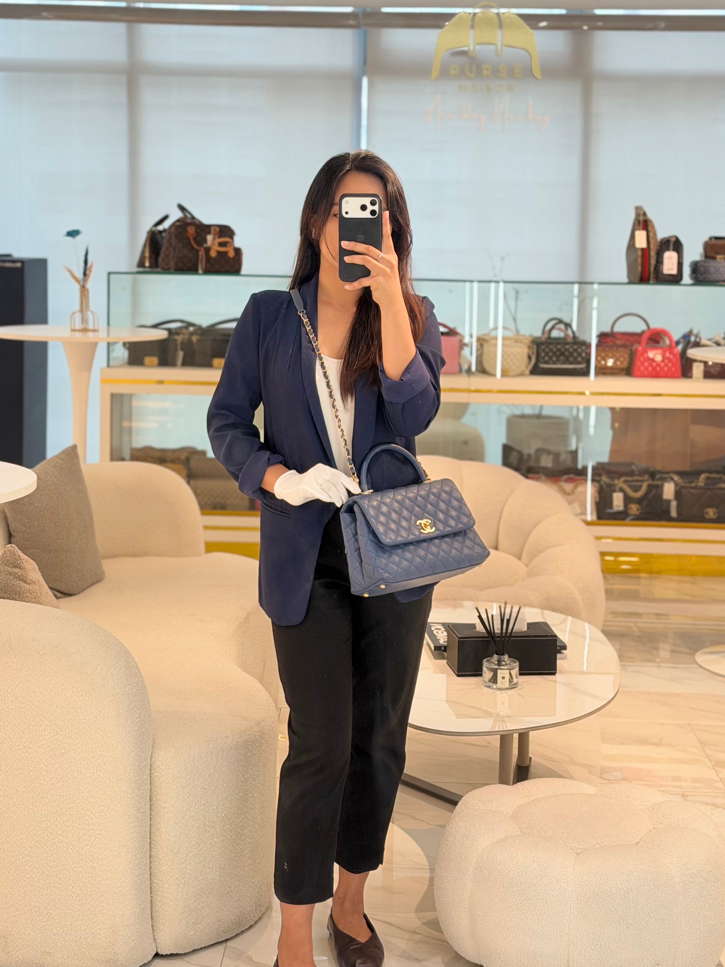 Coco Handle Medium in Blue Quilted Caviar Leather & Aged Gold Hardware Series 24 | Purse Maison Luxury Bags Shop
