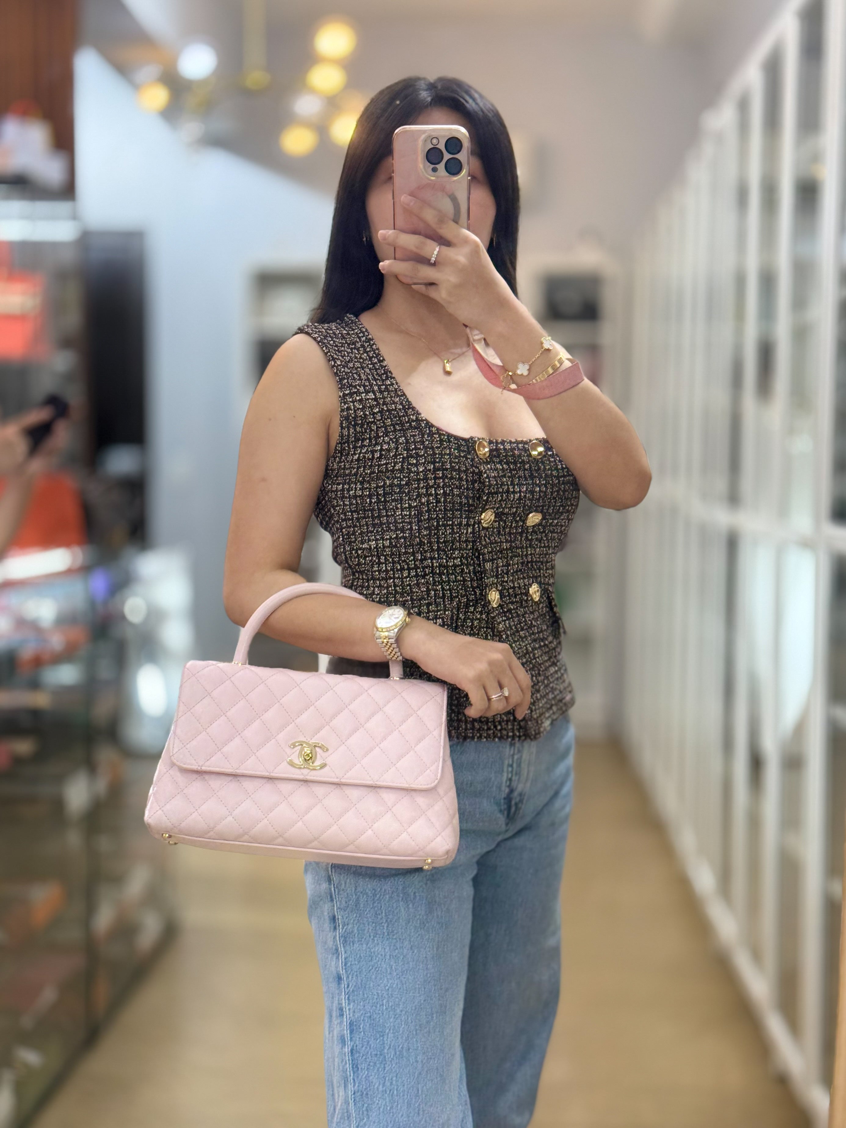 Coco Handle Medium in Pink Caviar Leather and Gold Hardware (Microchip) | Purse Maison Luxury Bags Shop