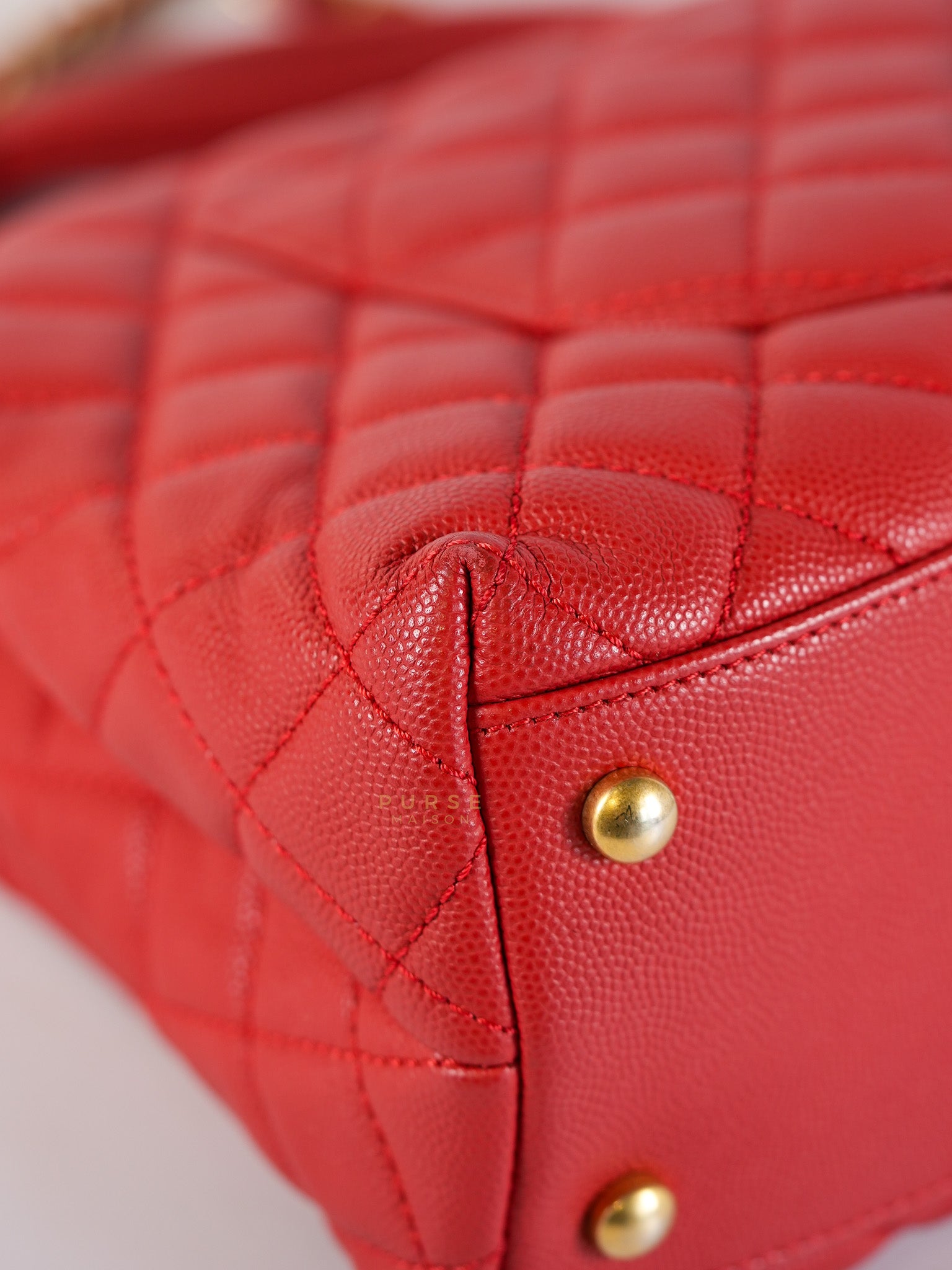 Coco Handle Medium in Red Quilted Caviar Leather Aged Gold Hardware (Series 27) | Purse Maison Luxury Bags Shop