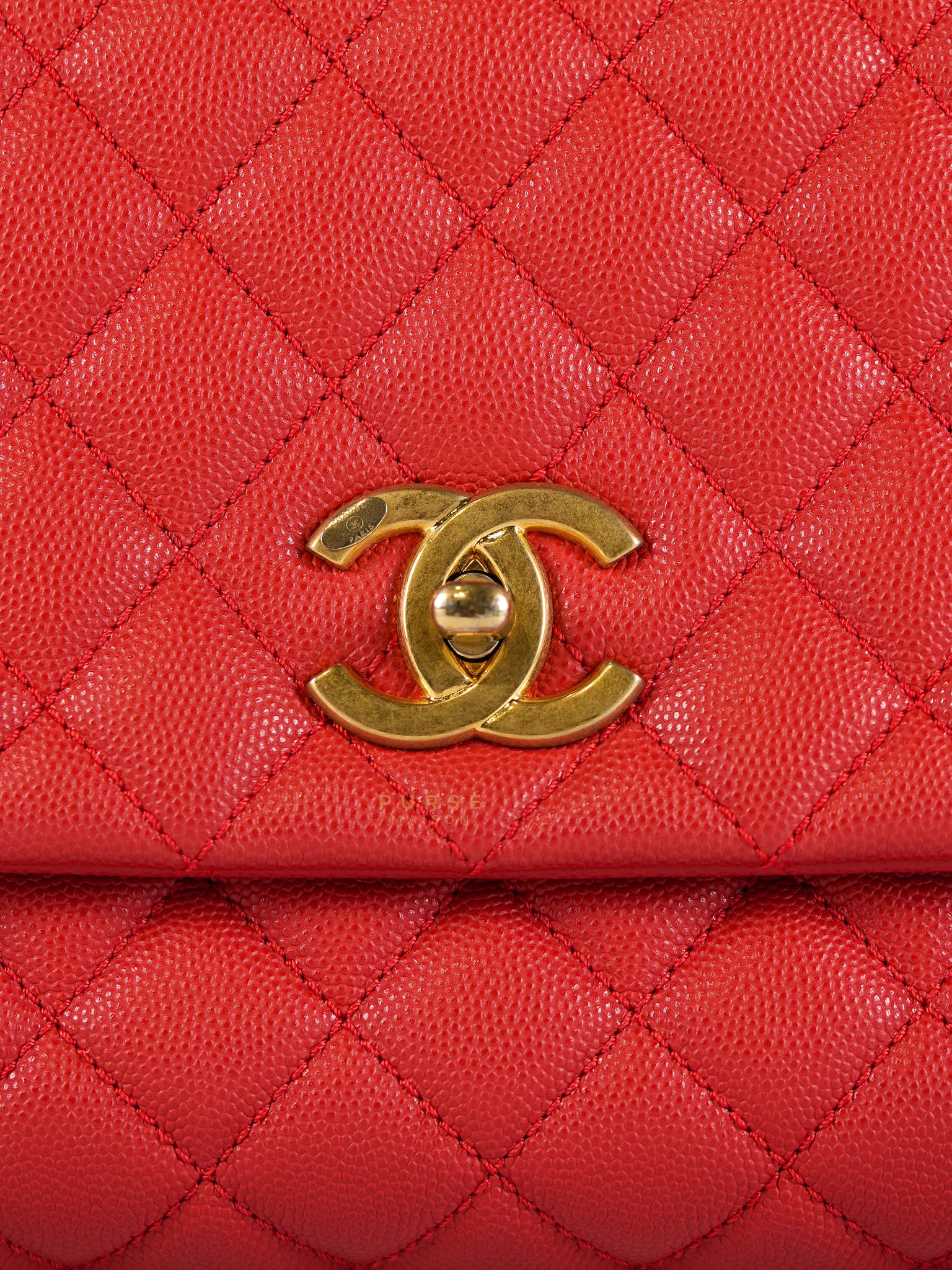 Coco Handle Medium in Red Quilted Caviar Leather Aged Gold Hardware (Series 27) | Purse Maison Luxury Bags Shop