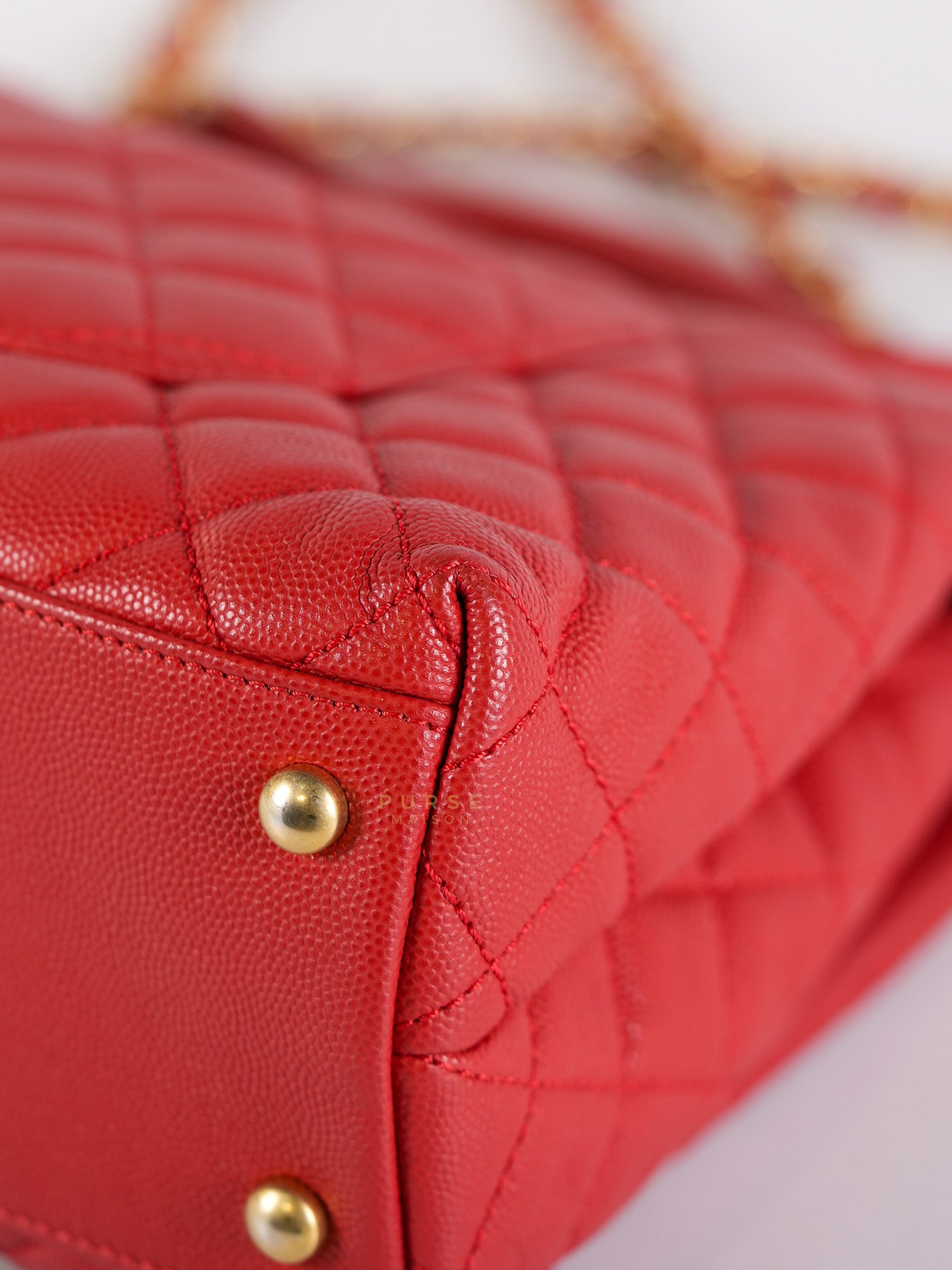 Coco Handle Medium in Red Quilted Caviar Leather Aged Gold Hardware (Series 27) | Purse Maison Luxury Bags Shop