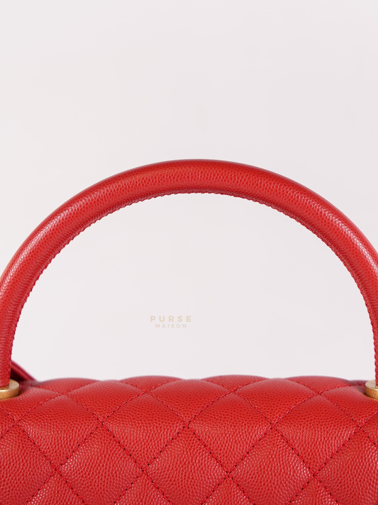 Coco Handle Medium in Red Quilted Caviar Leather Aged Gold Hardware (Series 27) | Purse Maison Luxury Bags Shop