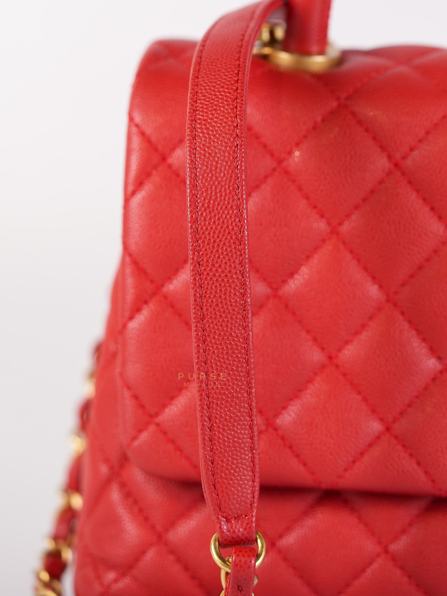 Coco Handle Medium in Red Quilted Caviar Leather Aged Gold Hardware (Series 27) | Purse Maison Luxury Bags Shop