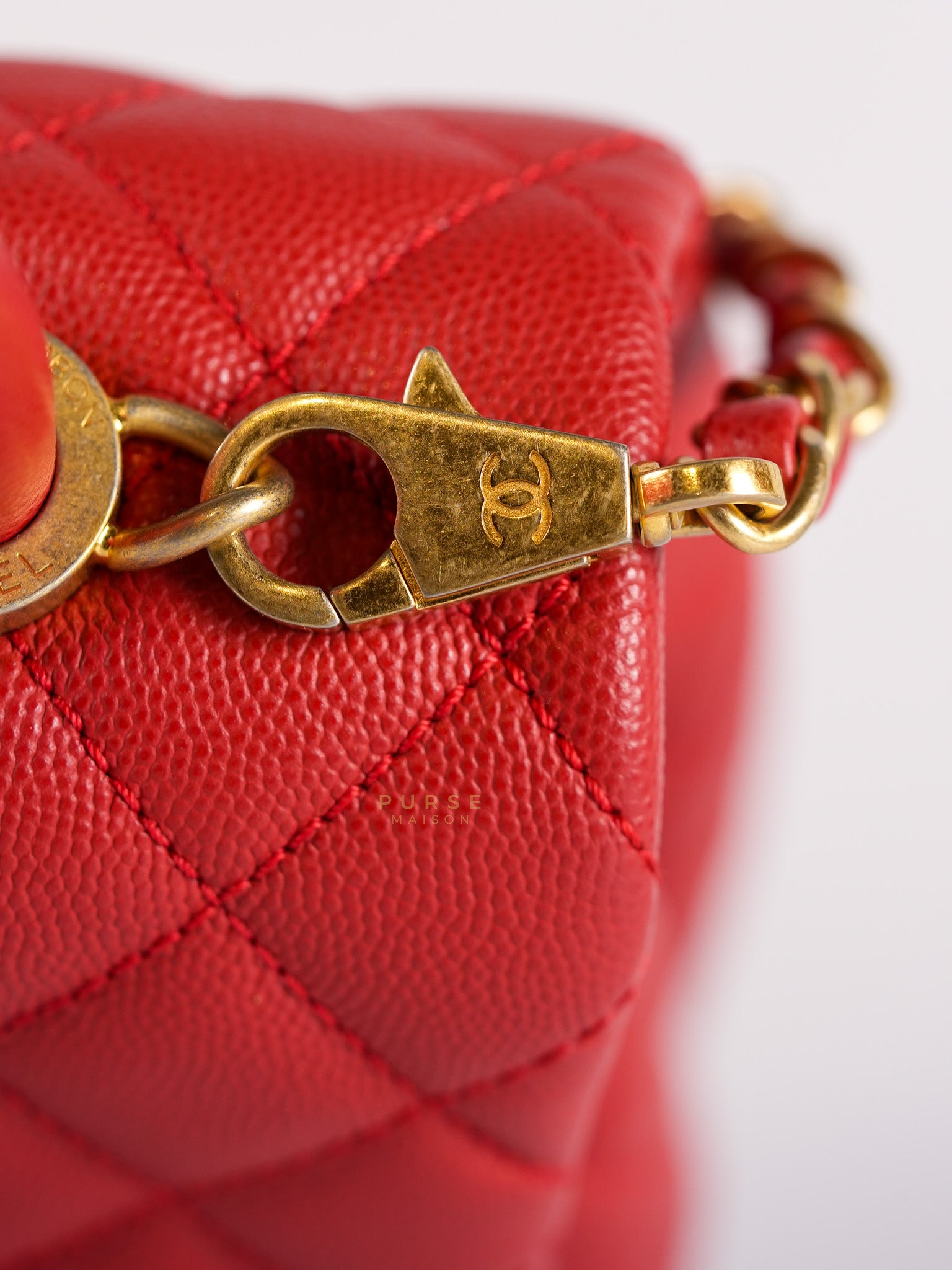 Coco Handle Medium in Red Quilted Caviar Leather Aged Gold Hardware (Series 27) | Purse Maison Luxury Bags Shop