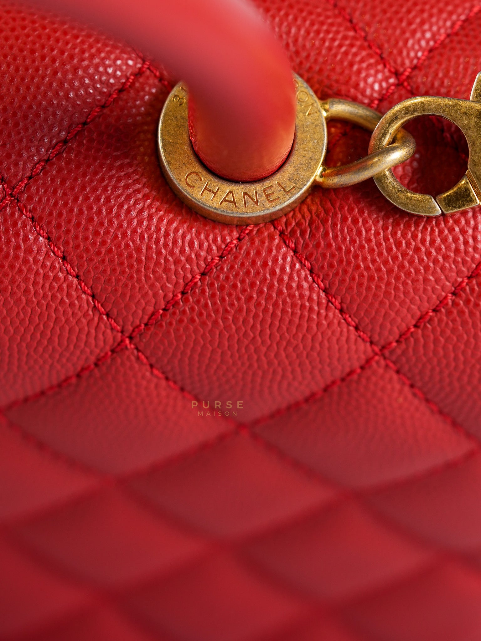 Coco Handle Medium in Red Quilted Caviar Leather Aged Gold Hardware (Series 27) | Purse Maison Luxury Bags Shop