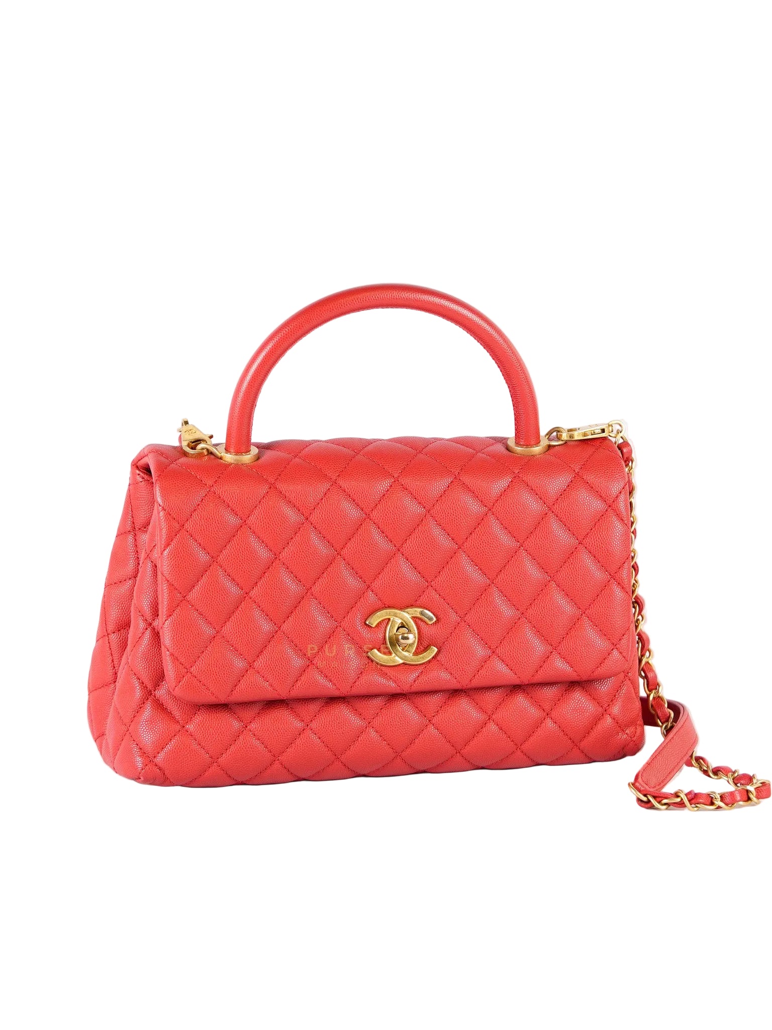 Coco Handle Medium in Red Quilted Caviar Leather Aged Gold Hardware (Series 27) | Purse Maison Luxury Bags Shop