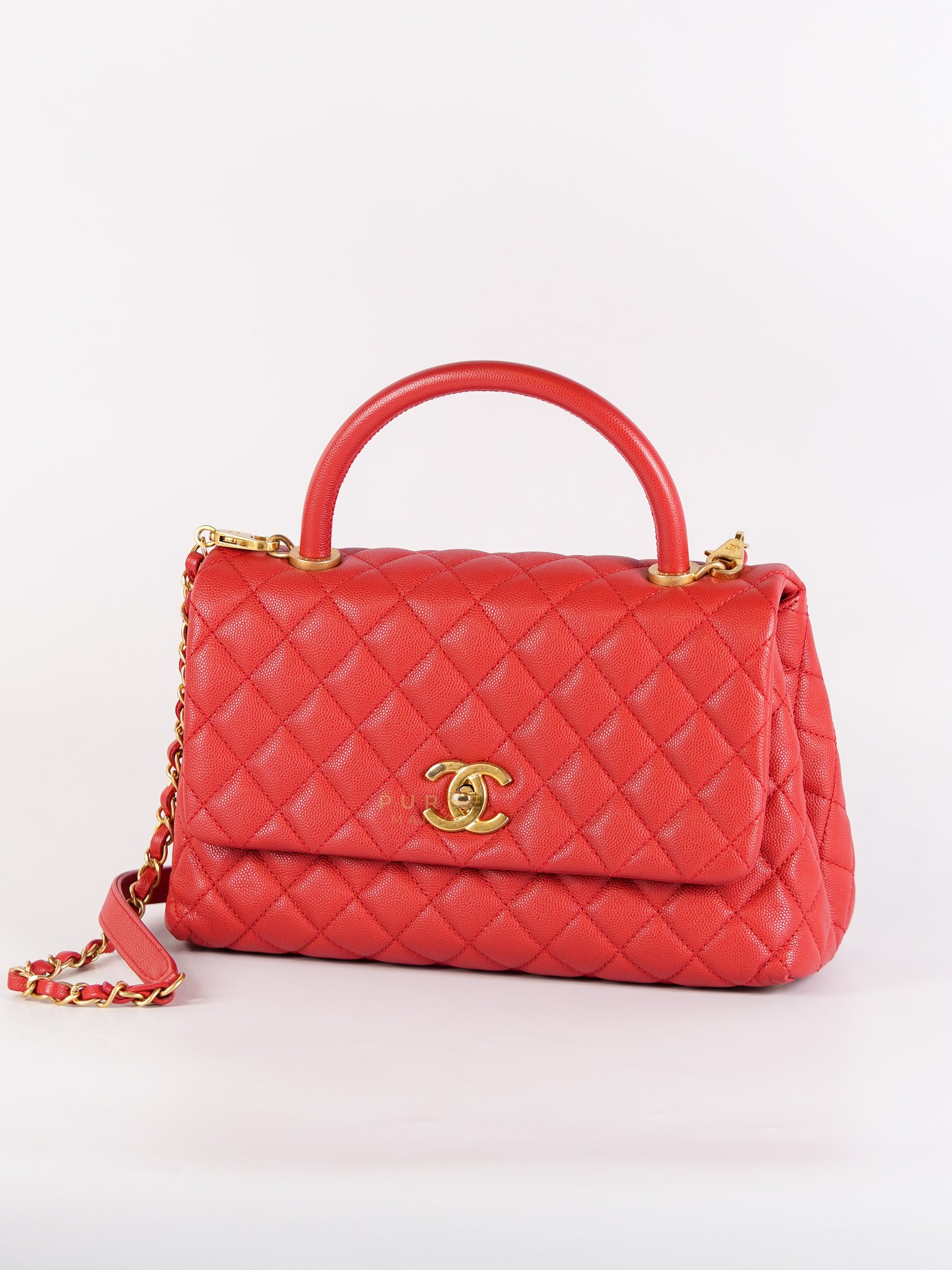 Coco Handle Medium in Red Quilted Caviar Leather Aged Gold Hardware (Series 27) | Purse Maison Luxury Bags Shop