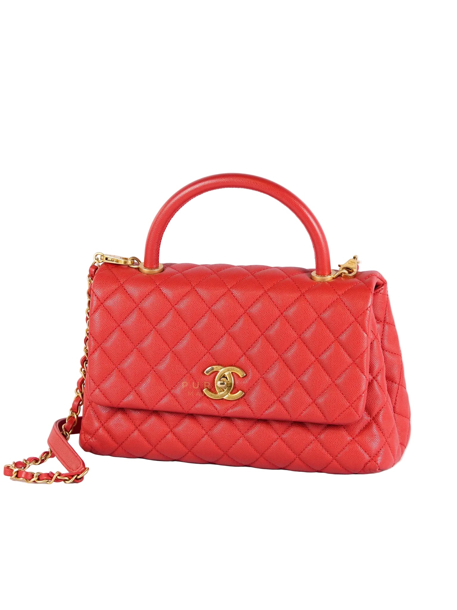 Coco Handle Medium in Red Quilted Caviar Leather Aged Gold Hardware (Series 27) | Purse Maison Luxury Bags Shop