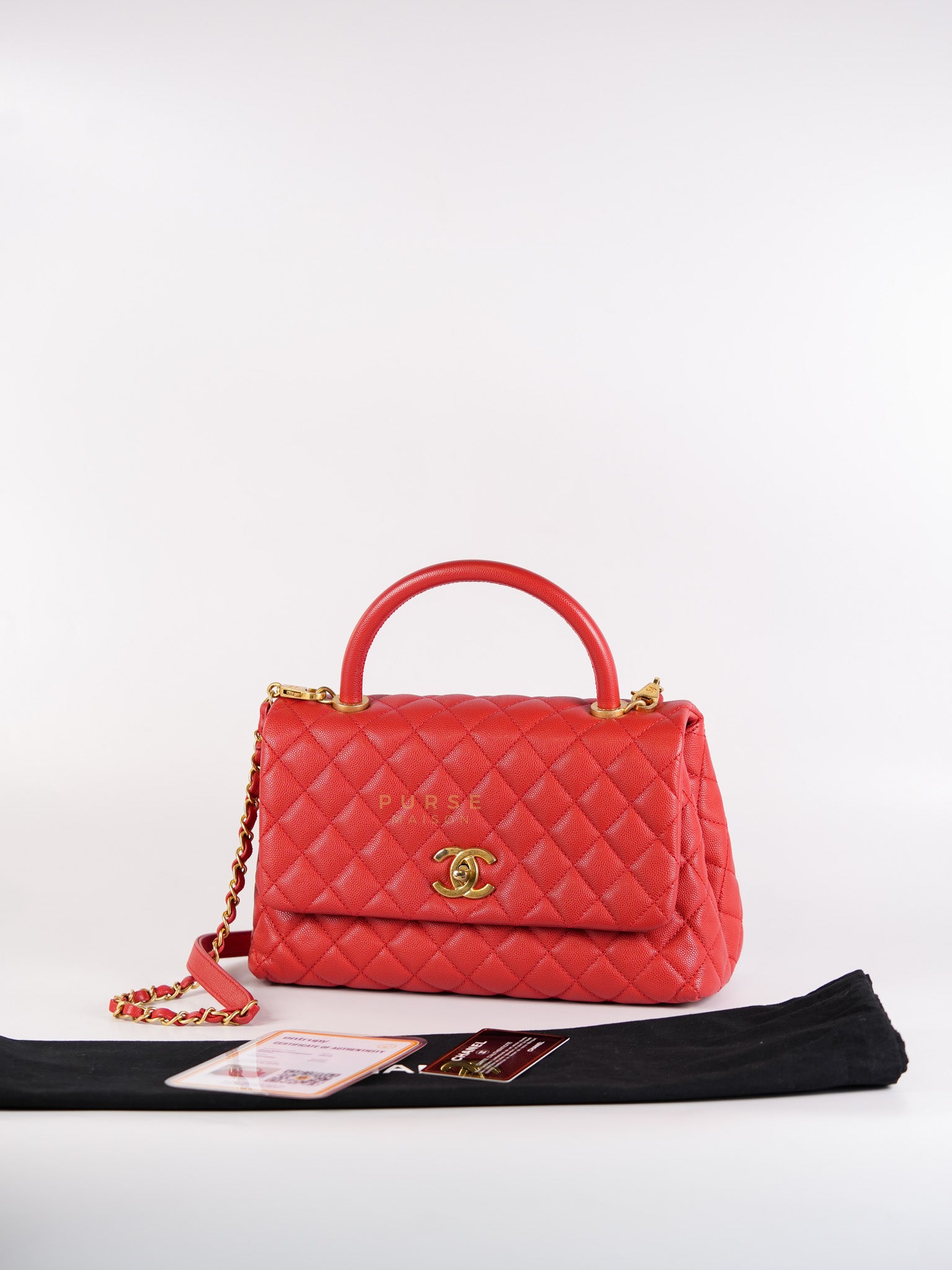 Coco Handle Medium in Red Quilted Caviar Leather Aged Gold Hardware (Series 27) | Purse Maison Luxury Bags Shop